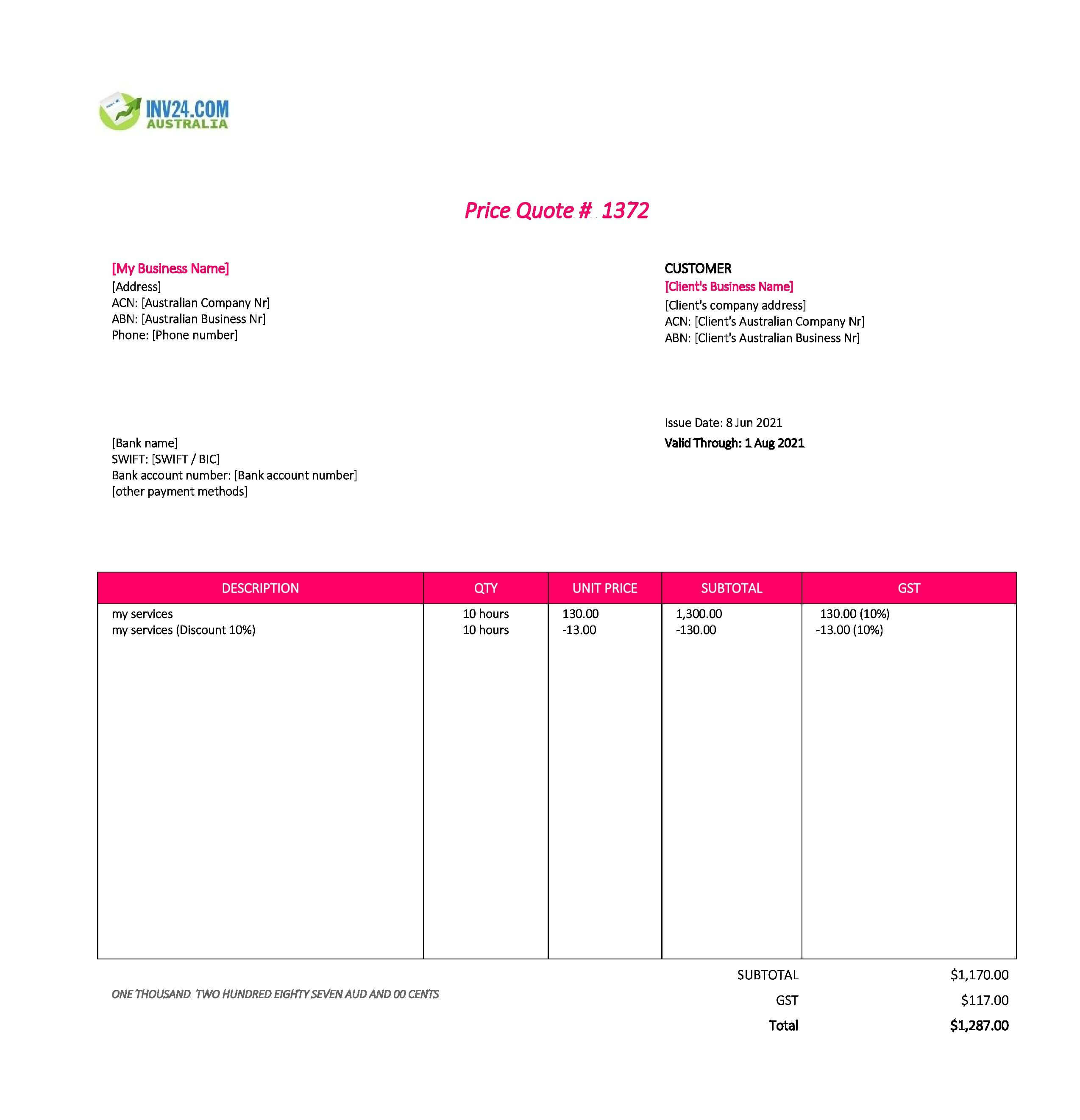 Job Quote Template Australia (Excel / Google Sheets)