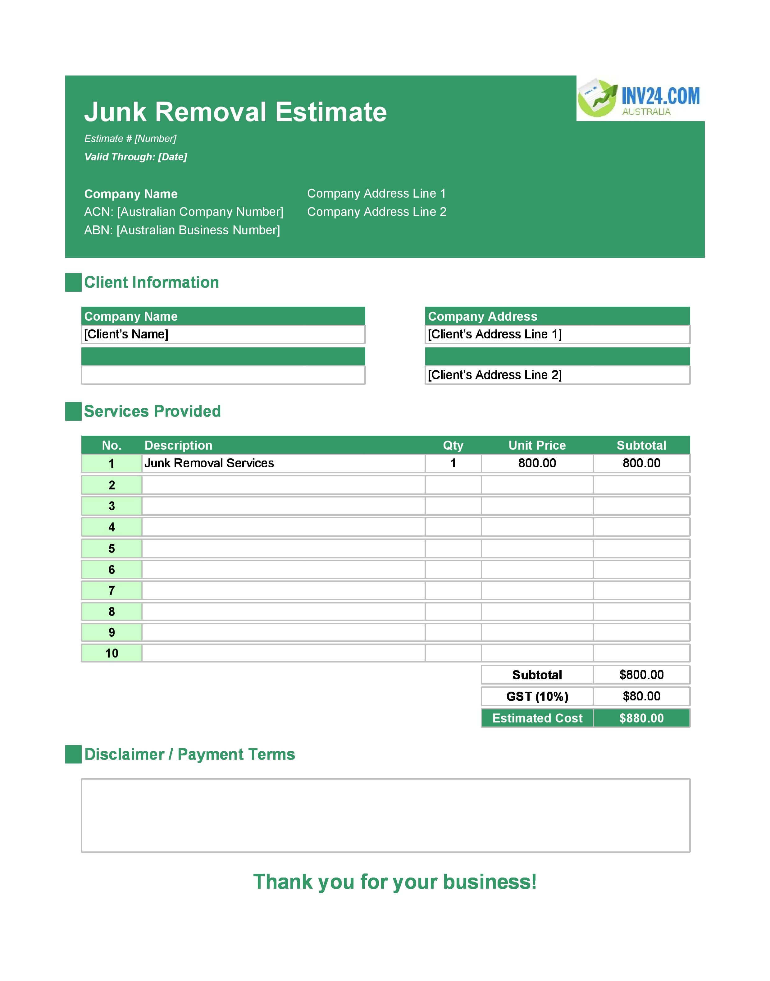 Junk Removal Estimate Template for Australia (Excel / Google Sheets)