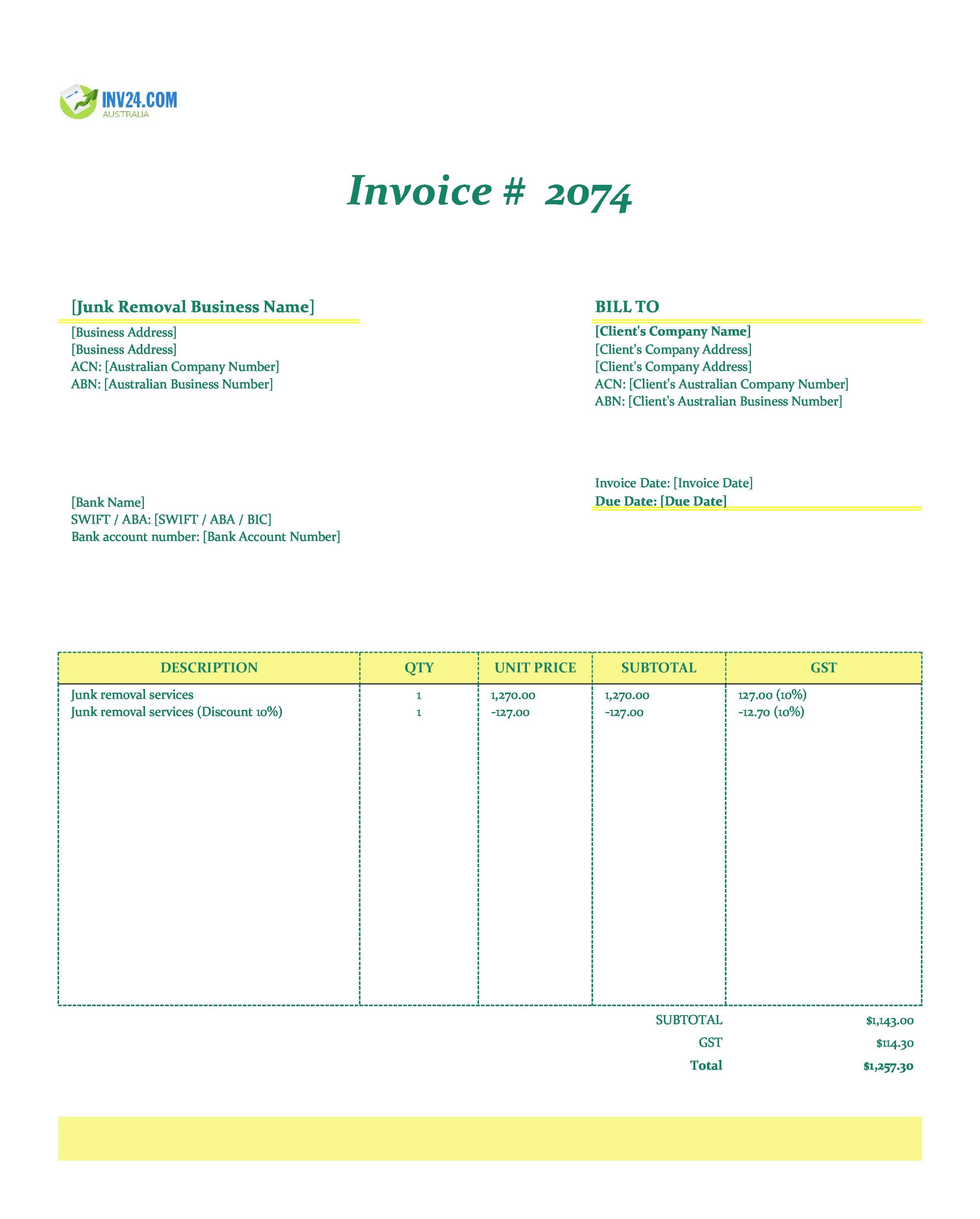 Junk Removal Invoice Template for Australia (Excel / Google Sheets)