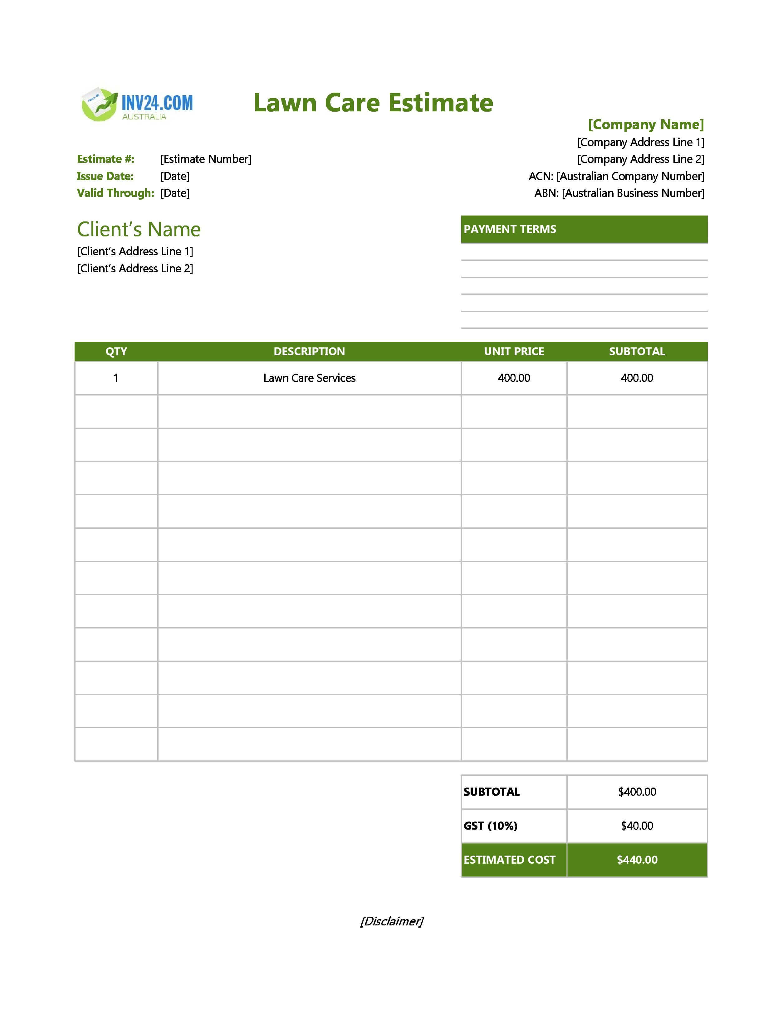 Lawn Care Estimate Template for Australia (Excel / Google Sheets)