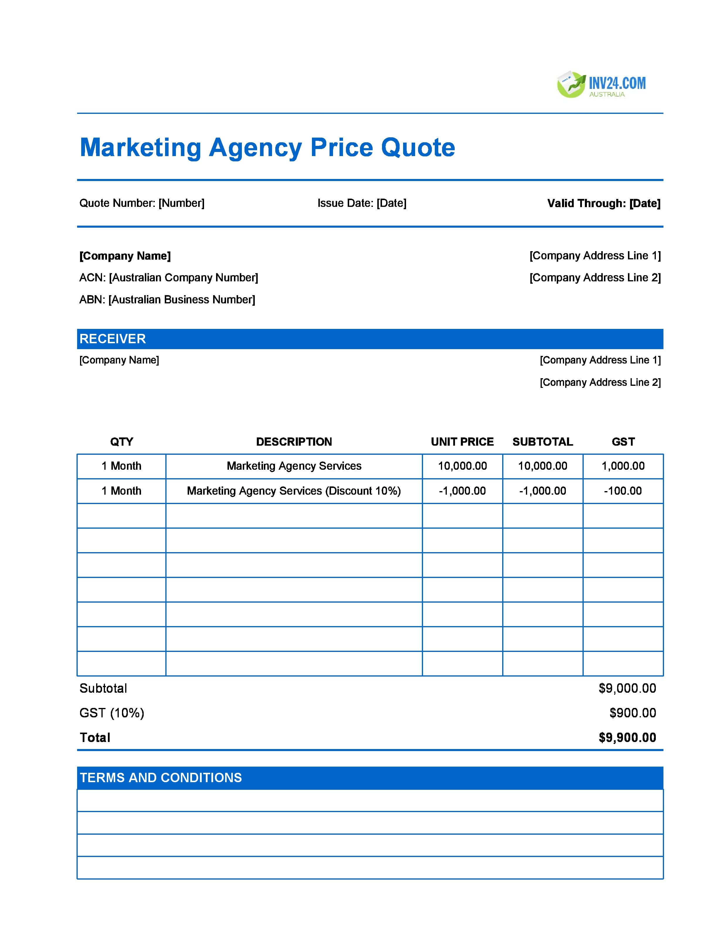 Marketing Agency Quote Template for Australia (Excel / Google Sheets)