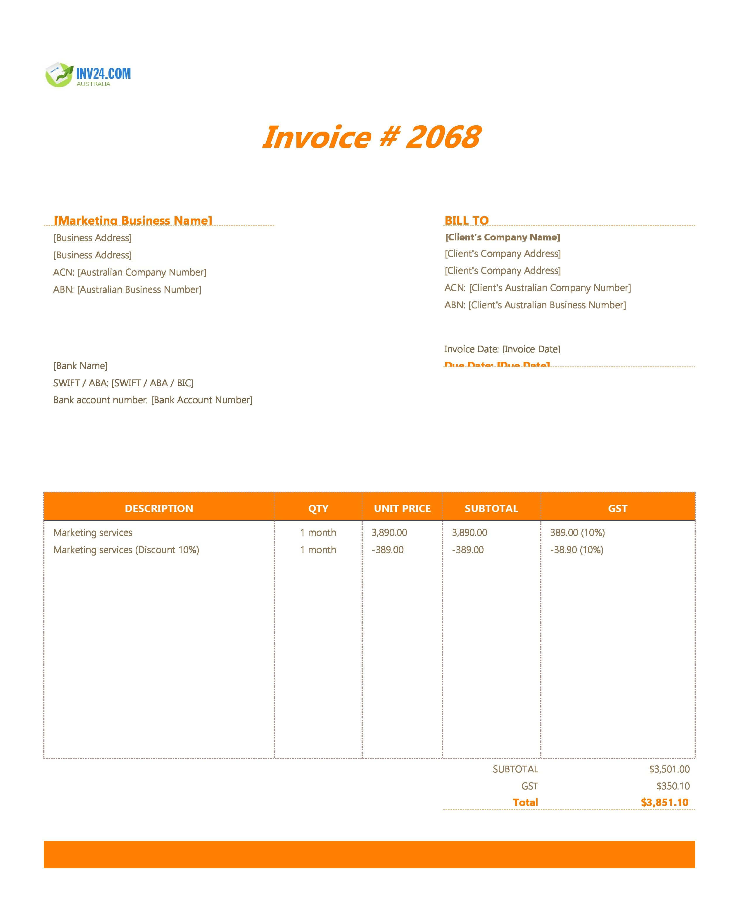 Marketing Invoice Template for Australia (Excel / Google Sheets)