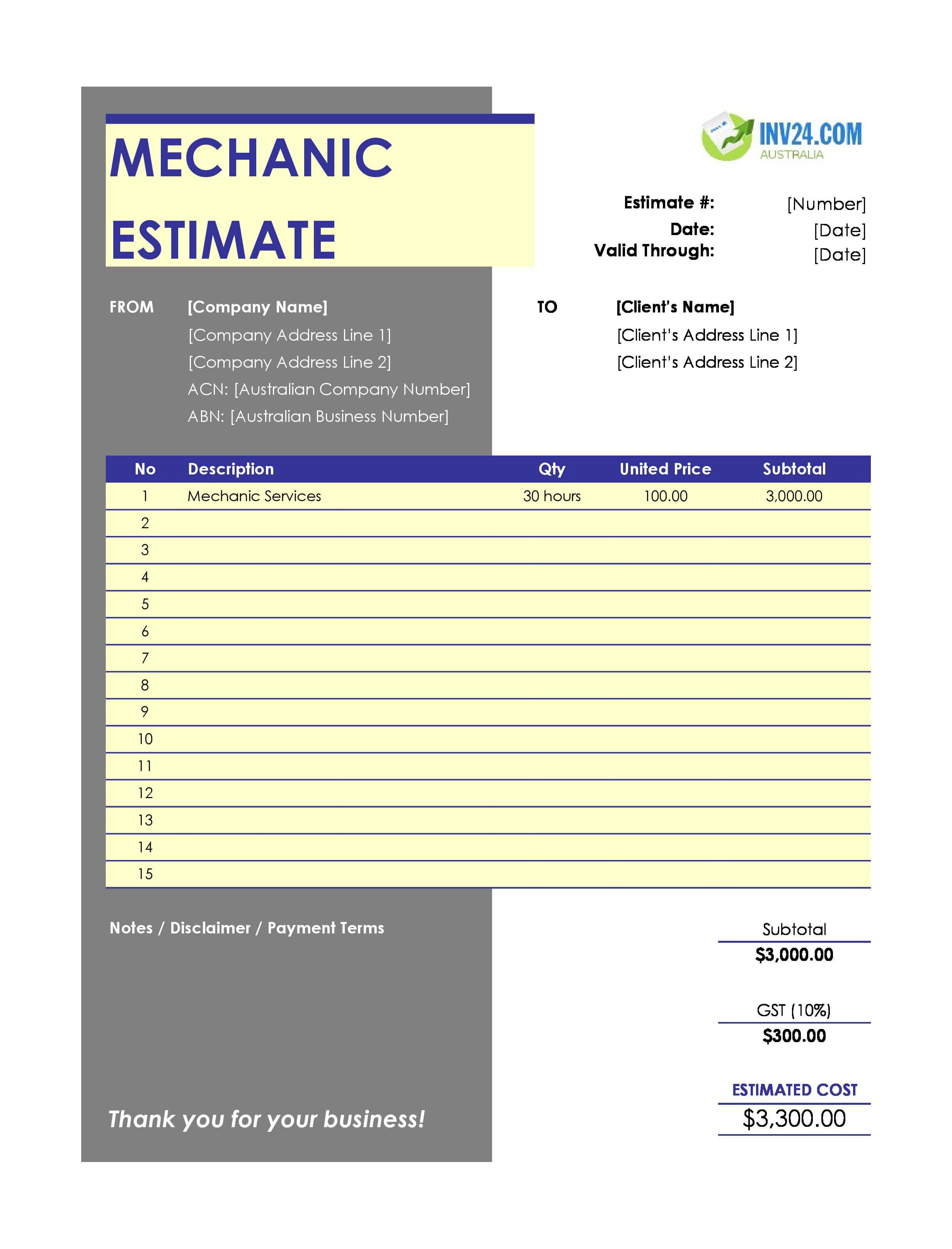 Mechanic Estimate Template for Australia (Excel / Google Sheets)