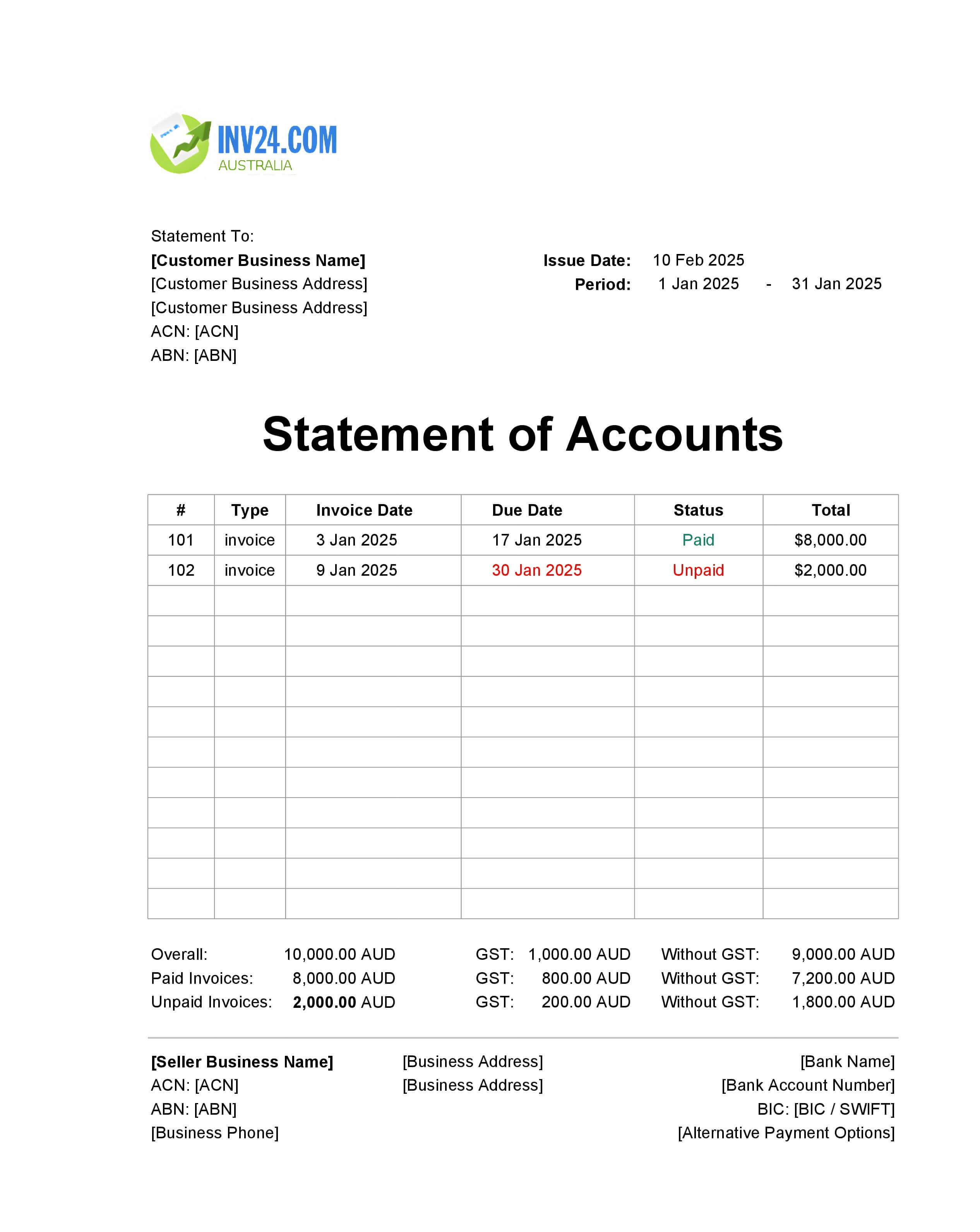 Monthly Statement of Accounts Template Australia (Excel / Google Sheets)