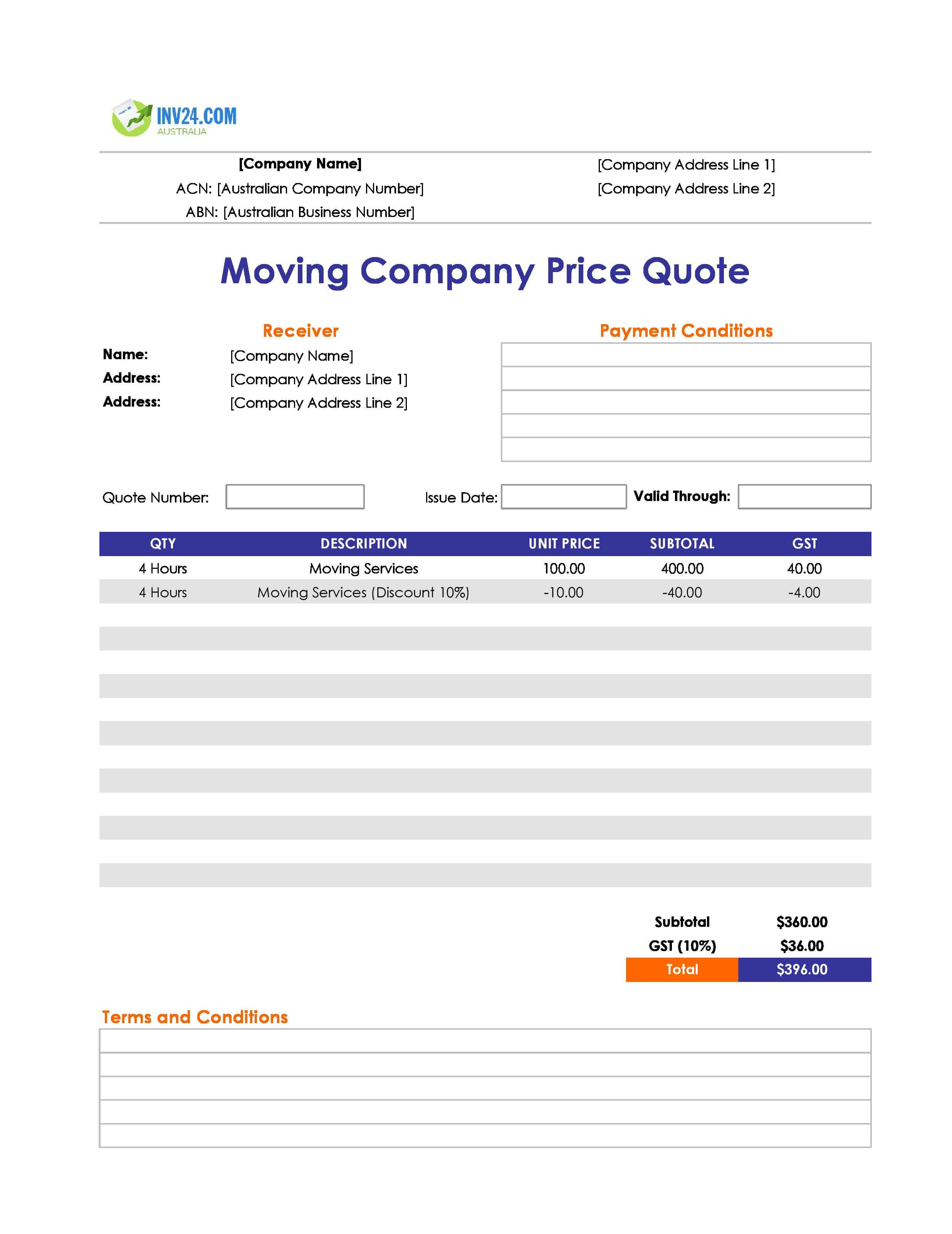 Moving Company Quote Template for Australia (Excel / Google Sheets)