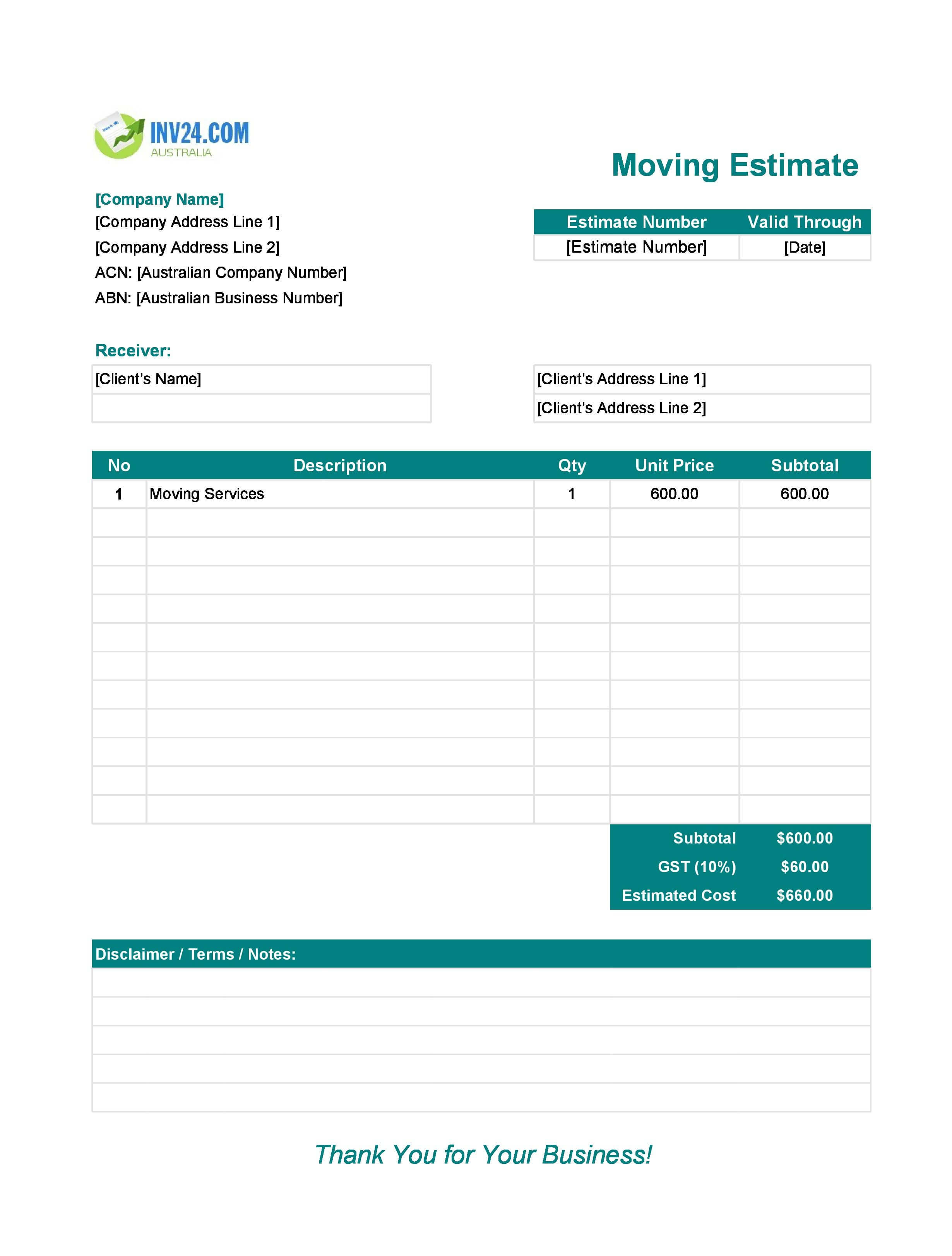 Moving Estimate Template for Australia (Excel / Google Sheets)