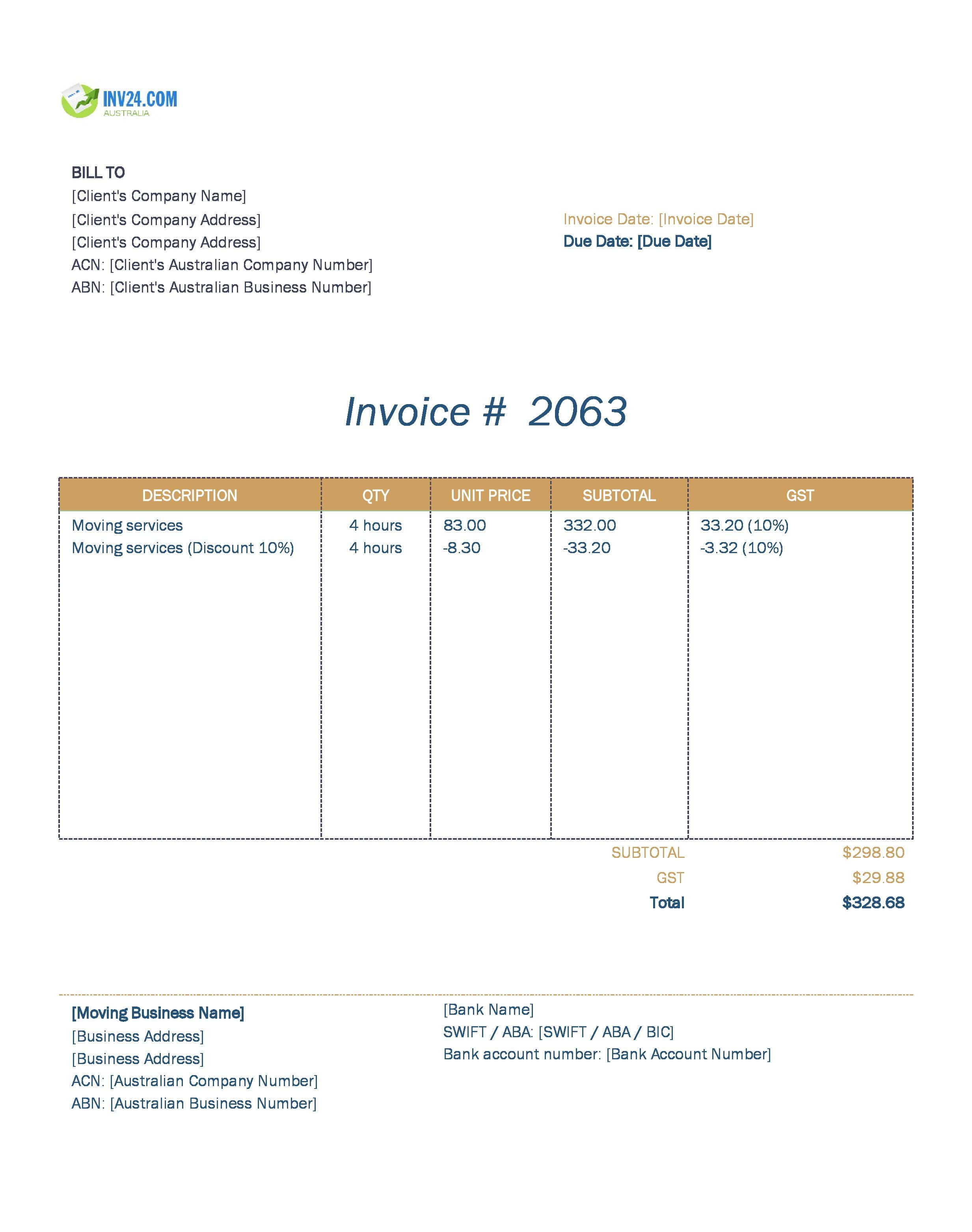 Moving Invoice Template for Australia (Excel / Google Sheets)