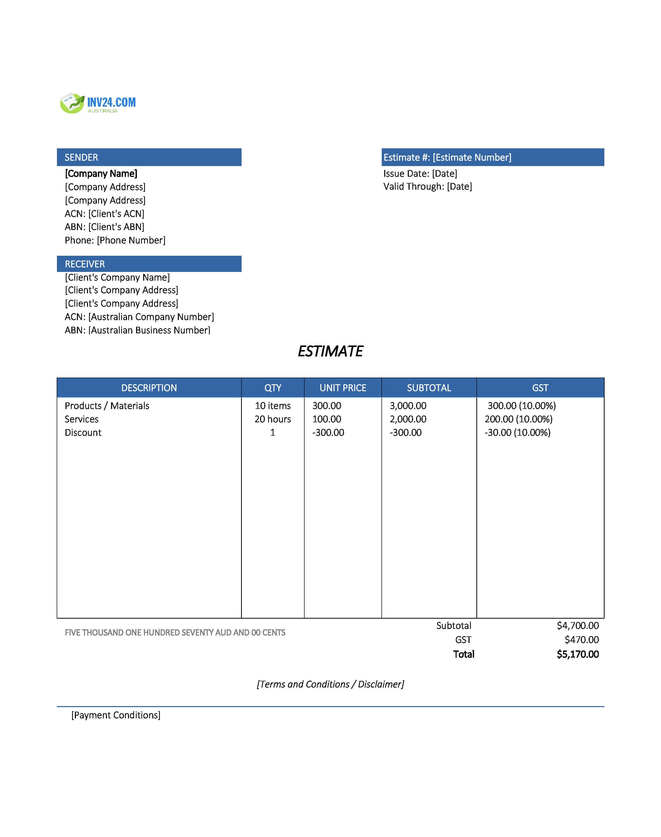 Online Estimate Template for Australia (Excel / Google Sheets)