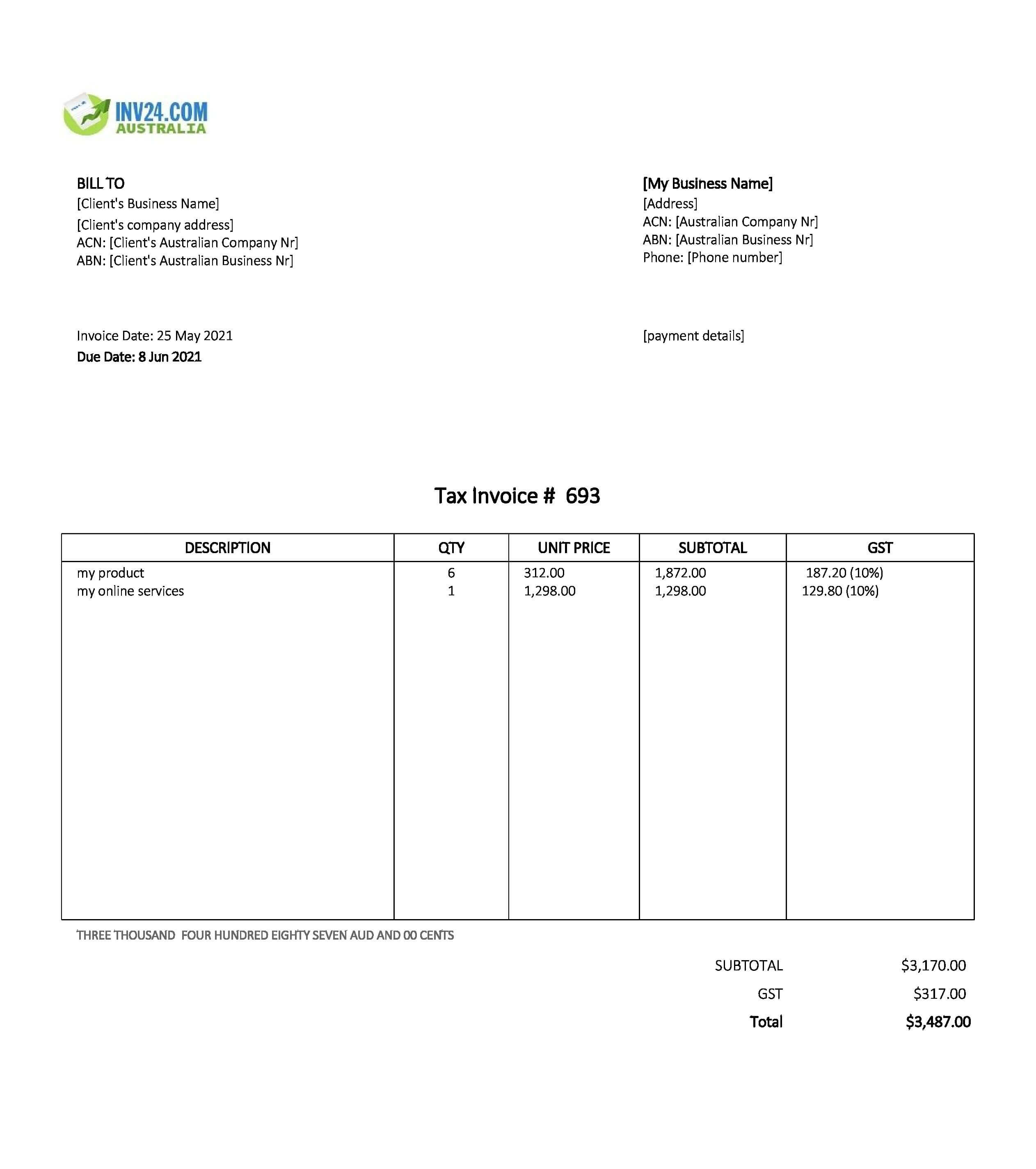 Online Invoice Template Australia (Excel / Google Sheets)