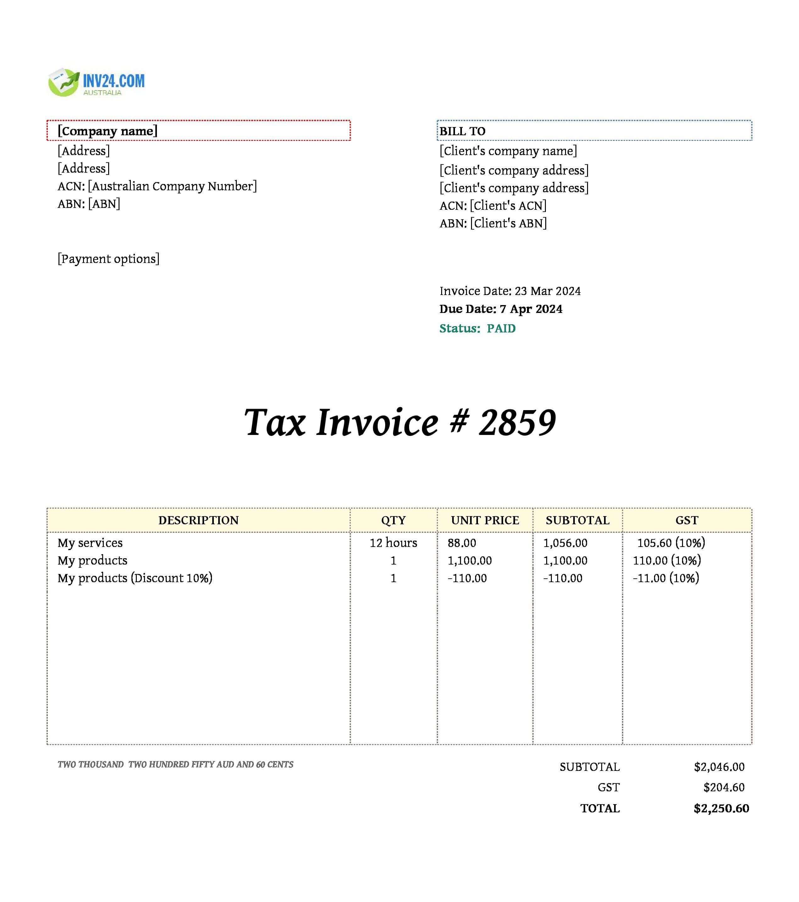 paid invoice template Australia