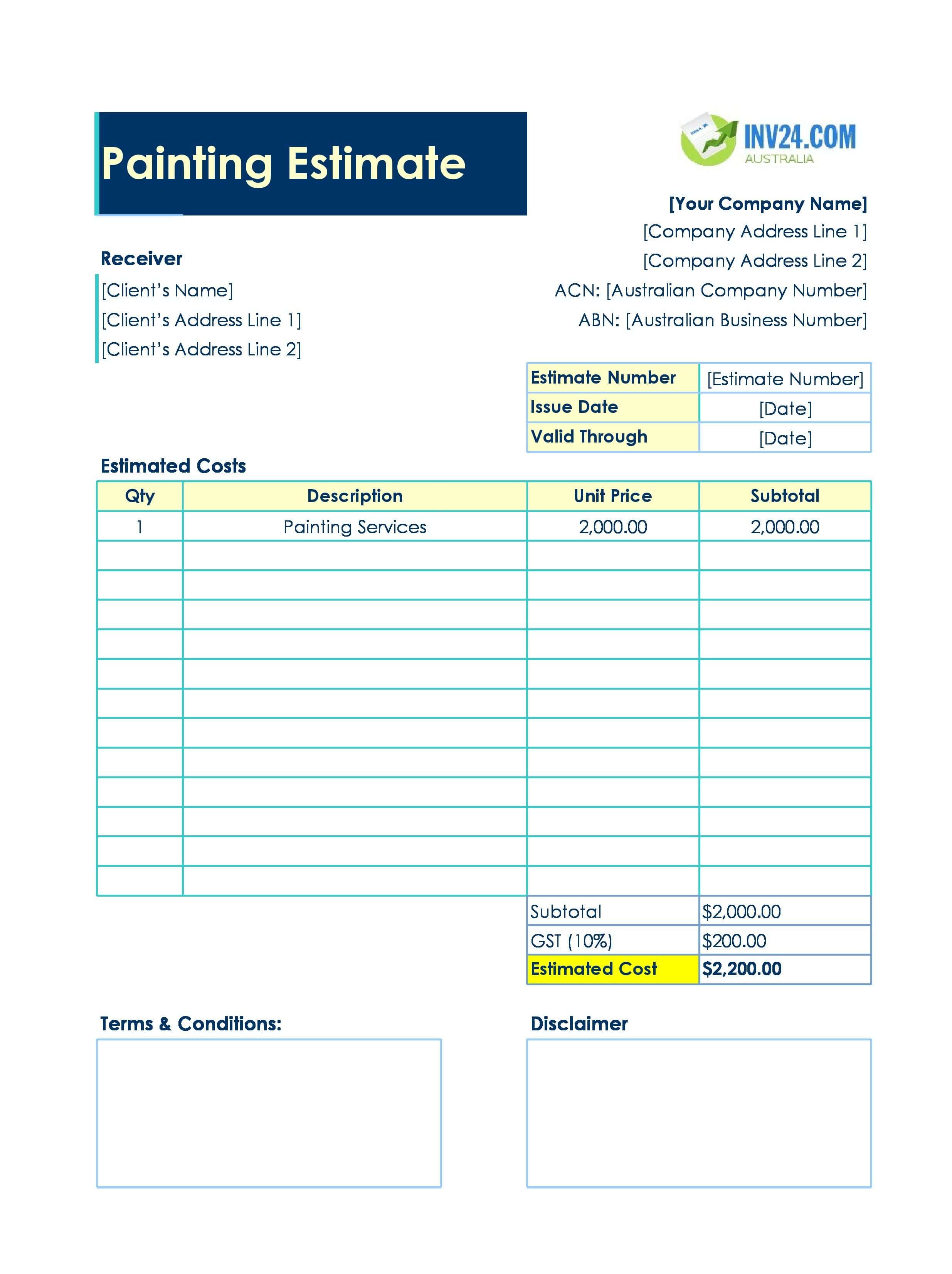 Painting Estimate Template for Australia (Excel / Google Sheets)