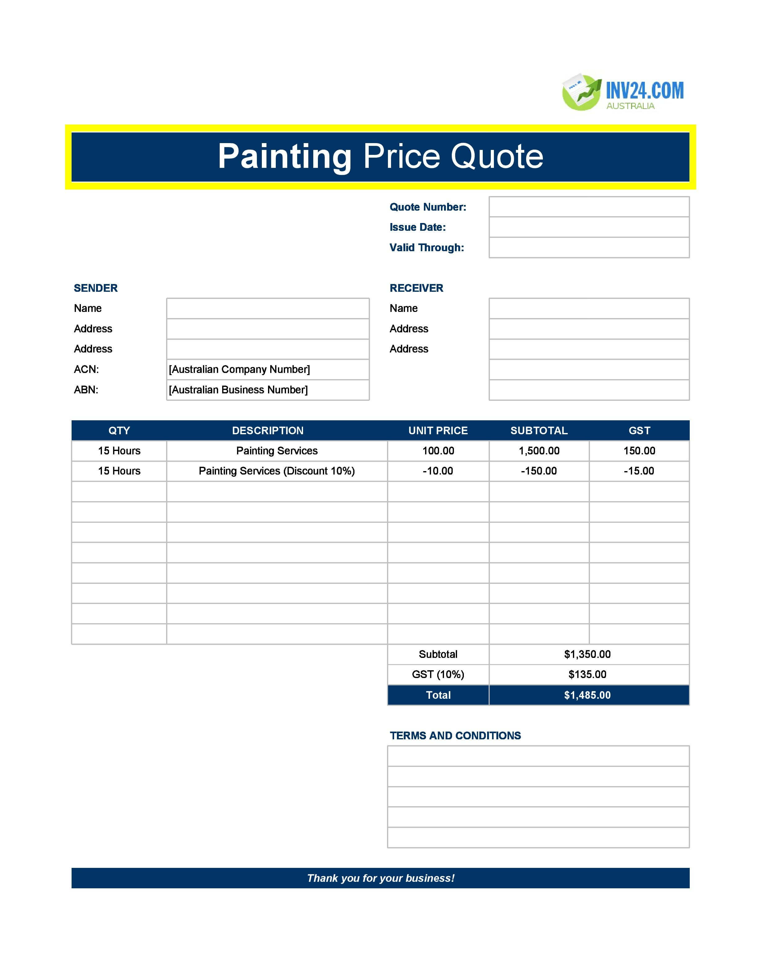 Painting Quote Template for Australia (Excel / Google Sheets)