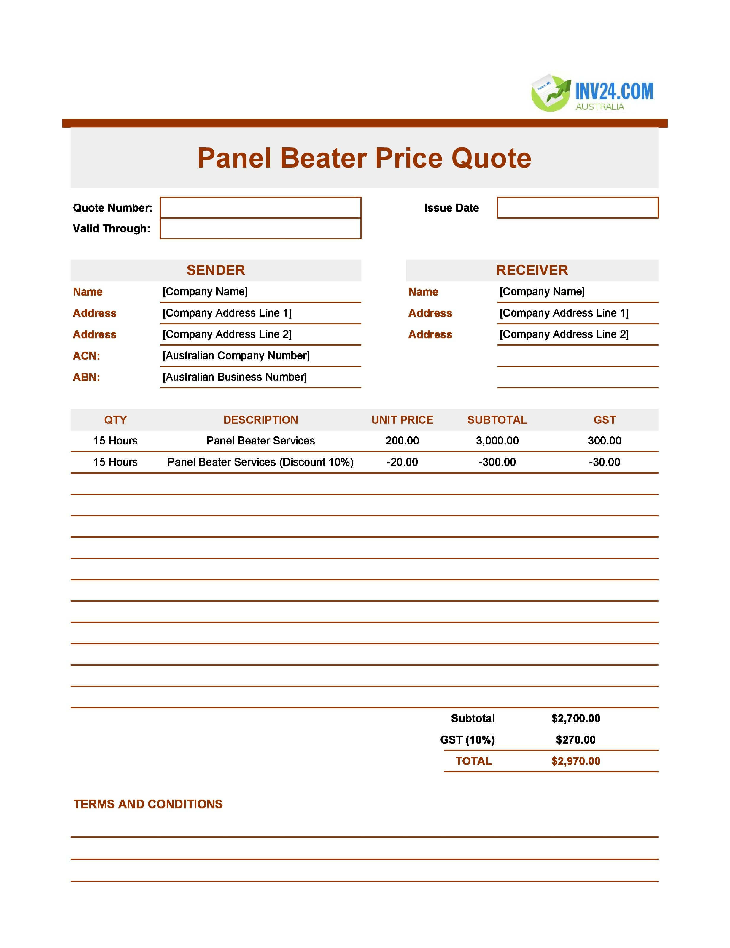 Panel Beater Quote Template for Australia (Excel / Google Sheets)