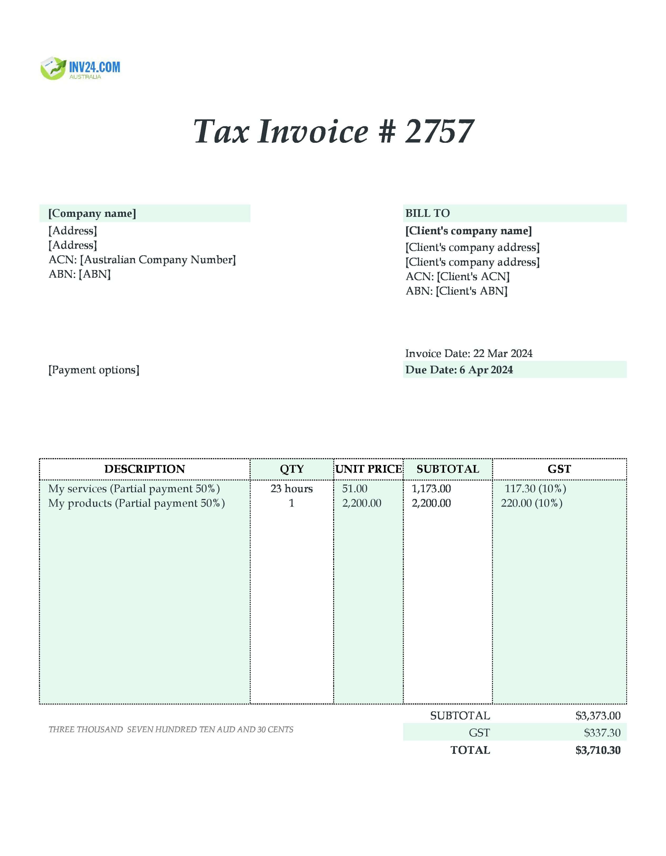 partial payment invoice template Australia
