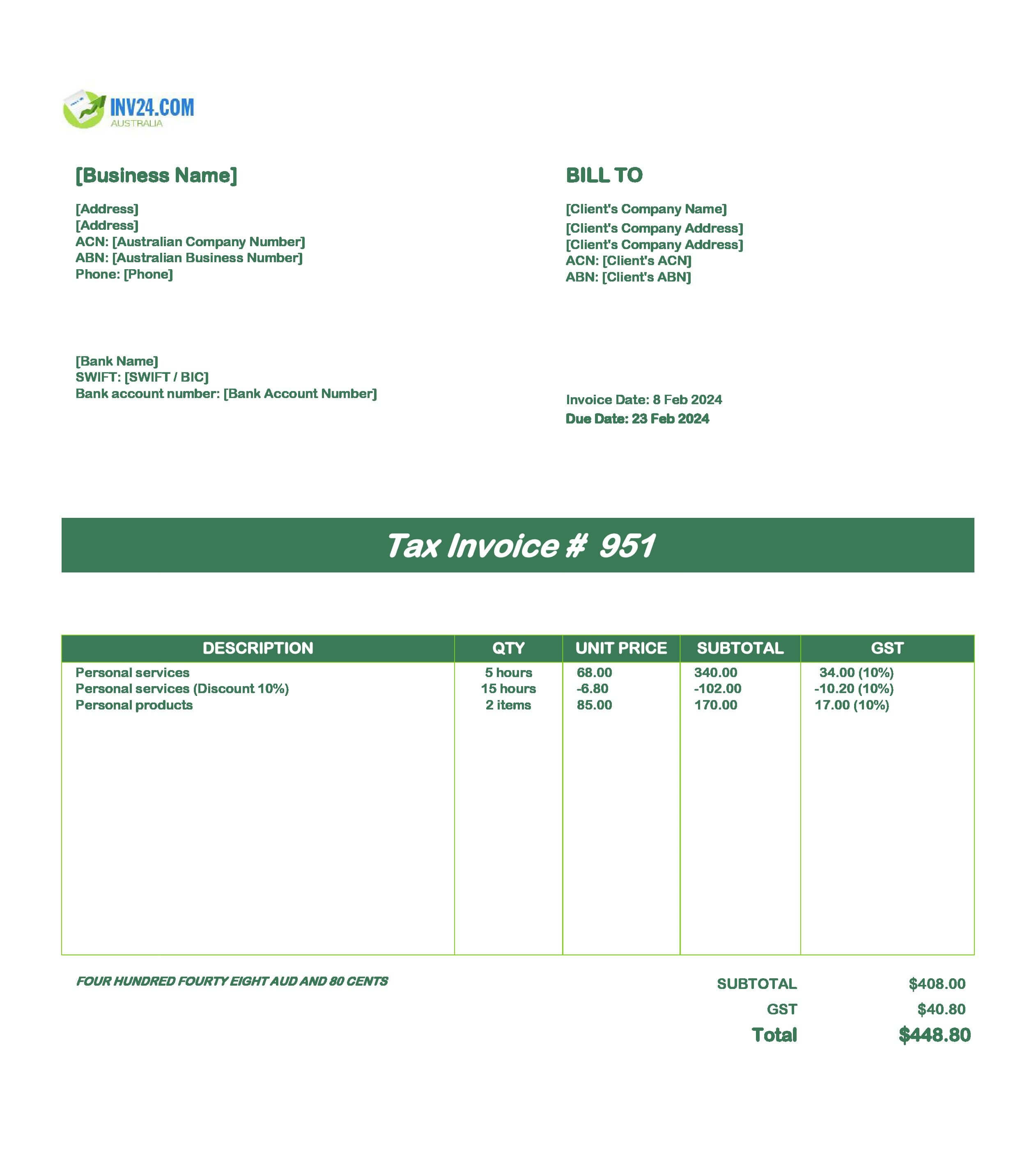 Personal Invoice Template Australia (Excel / Google Sheets)