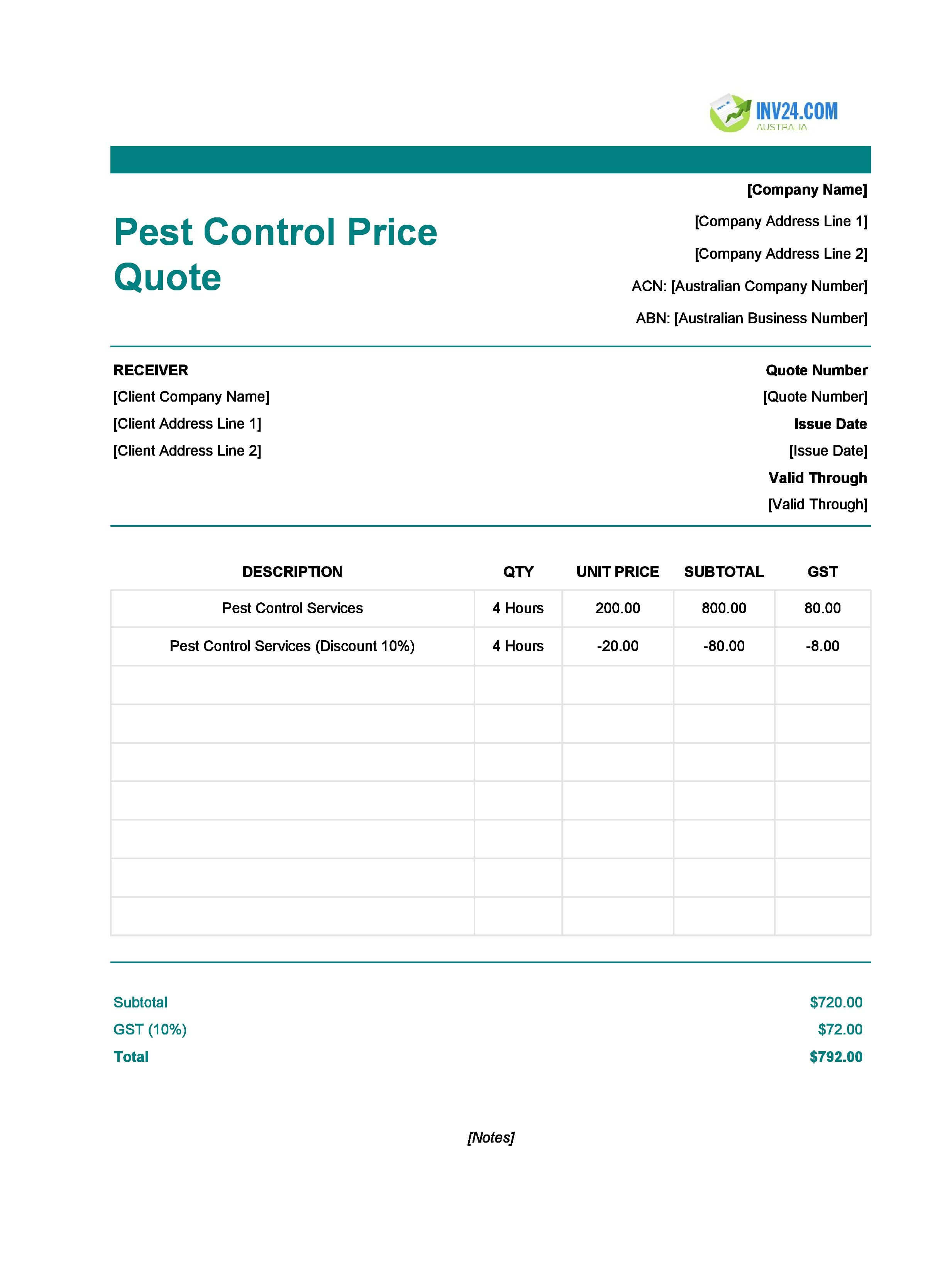Pest Control Quote Template for Australia (Excel / Google Sheets)