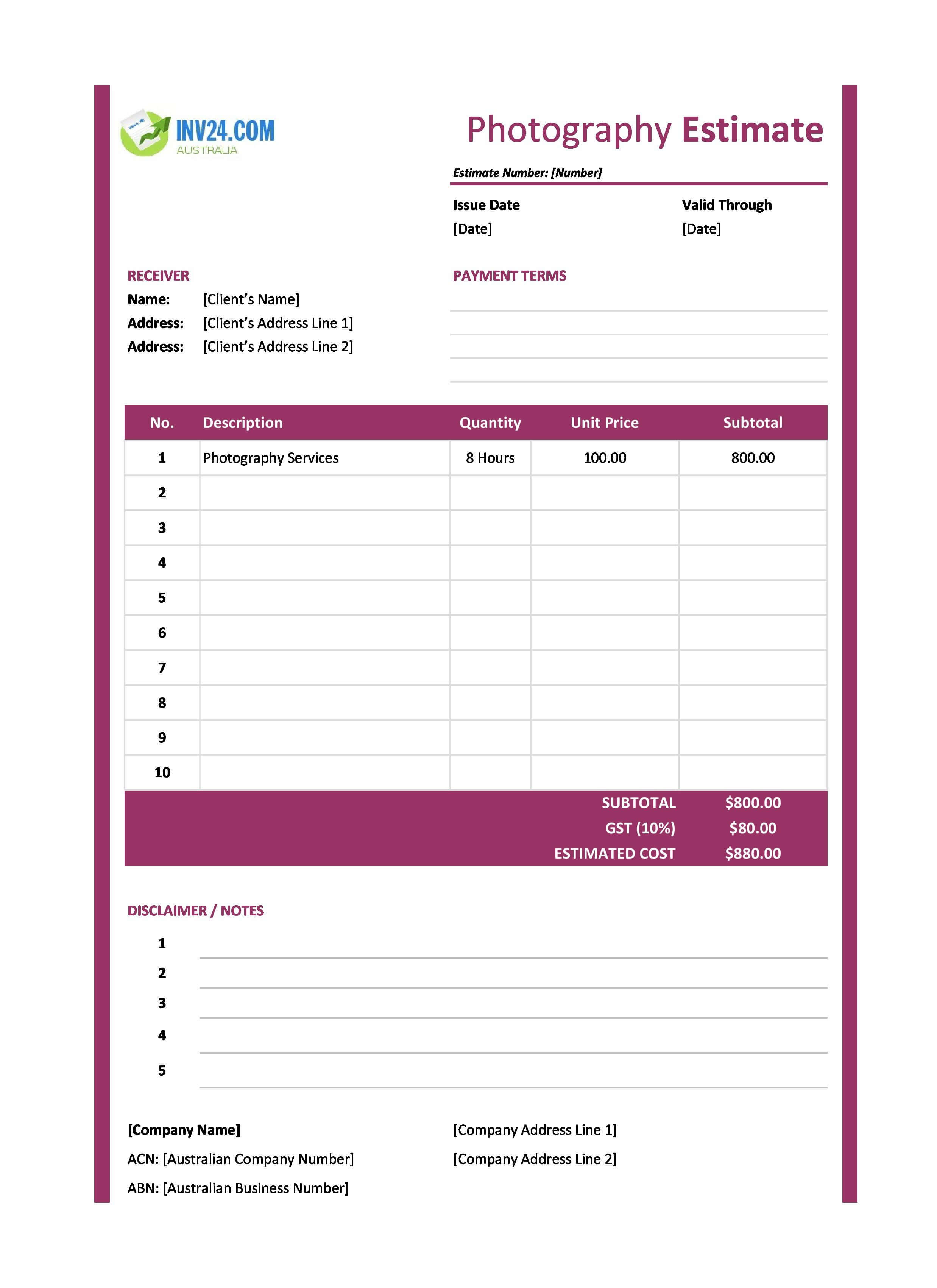 Photography Estimate Template for Australia (Excel / Google Sheets)