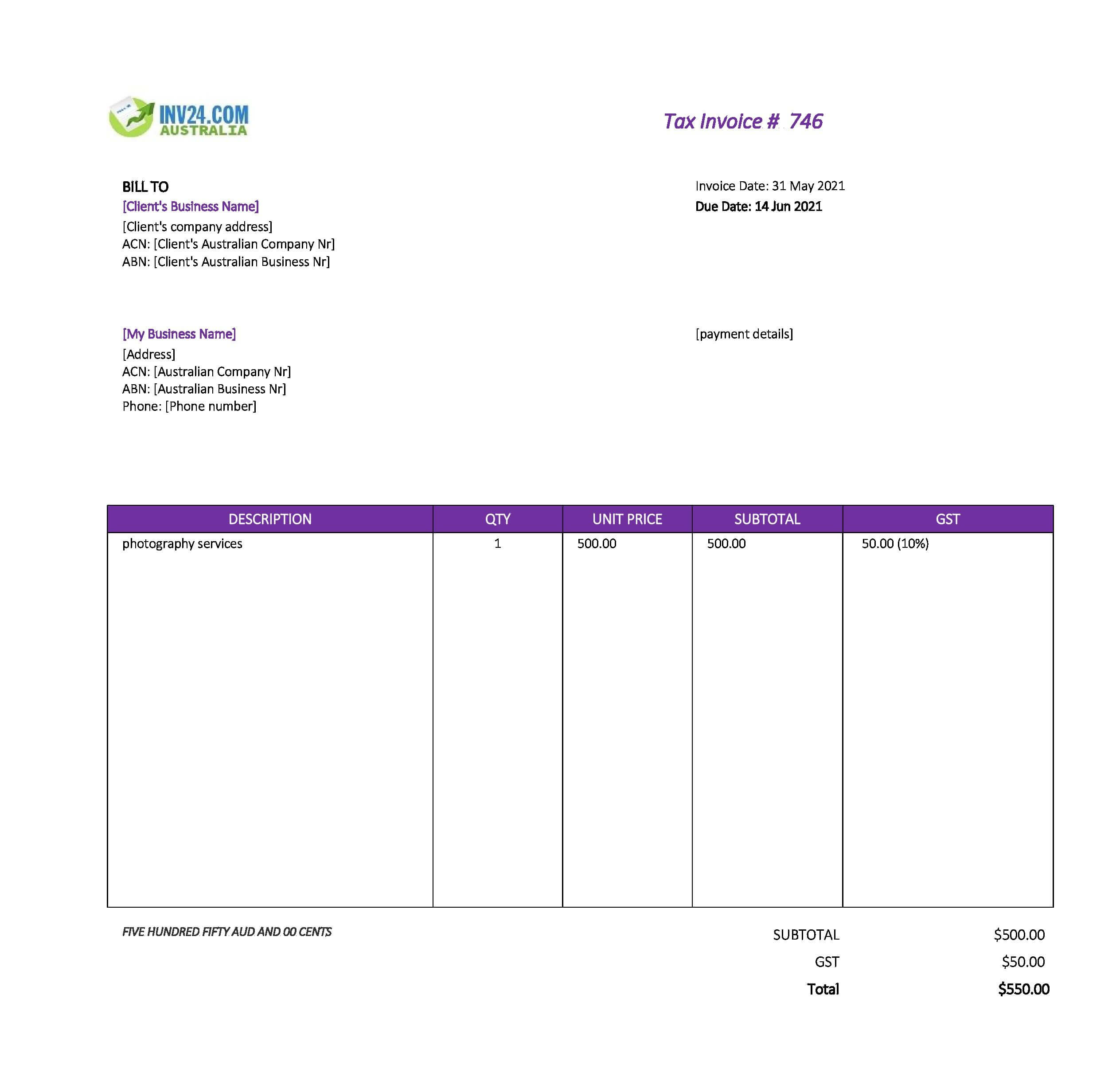Photography Invoice Template Australia (Excel / Google Sheets)