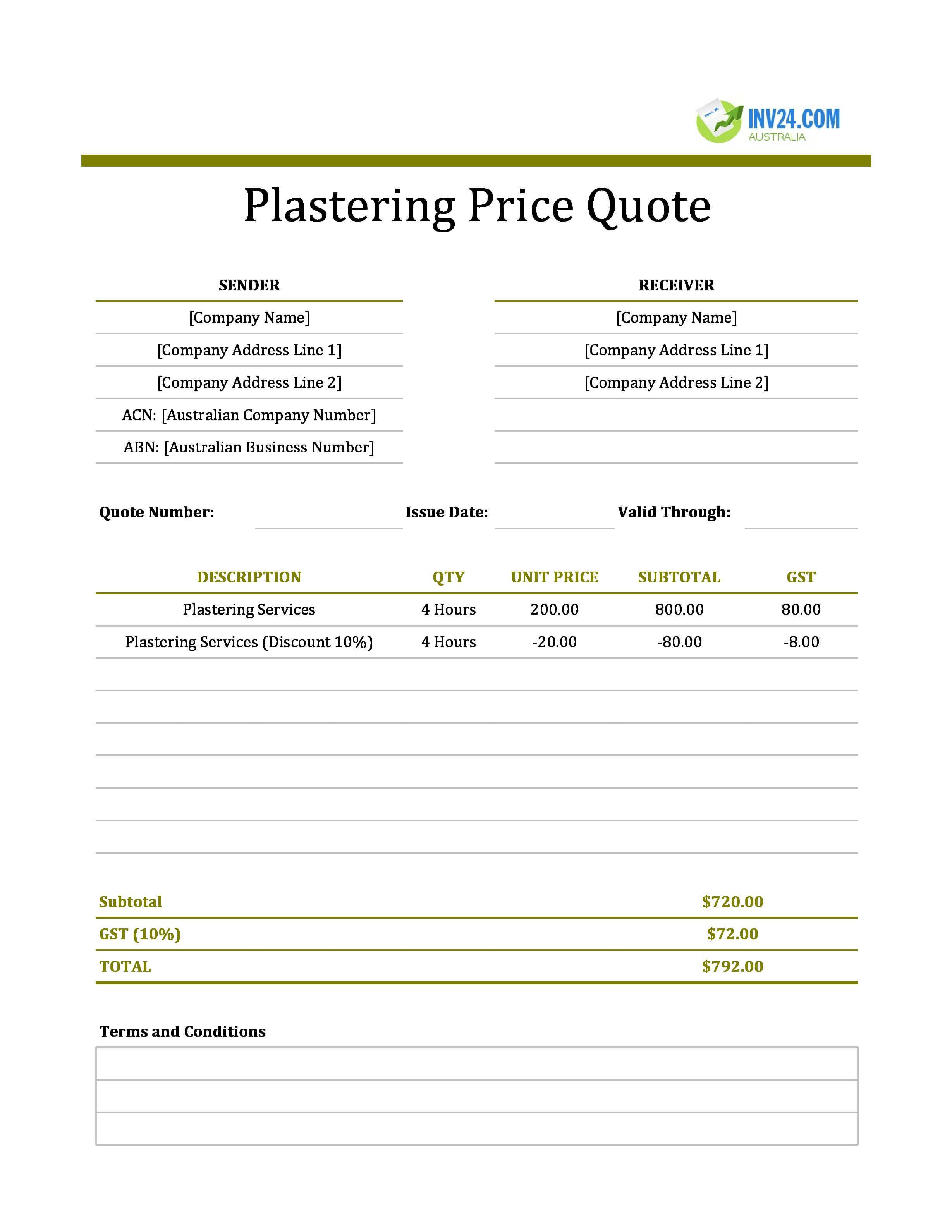 Plastering Quote Template for Australia (Excel / Google Sheets)