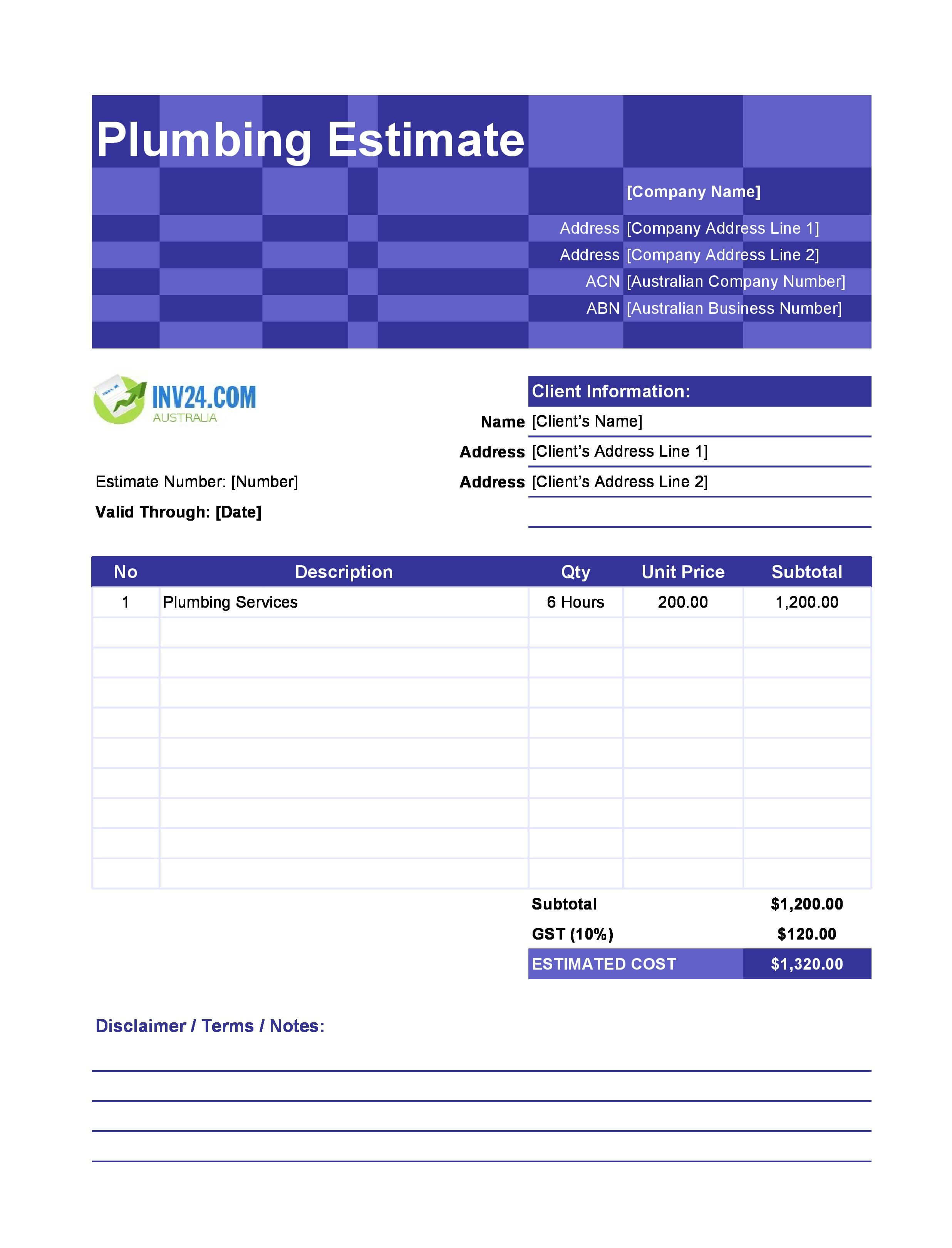 Plumbing Estimate Template for Australia (Excel / Google Sheets)
