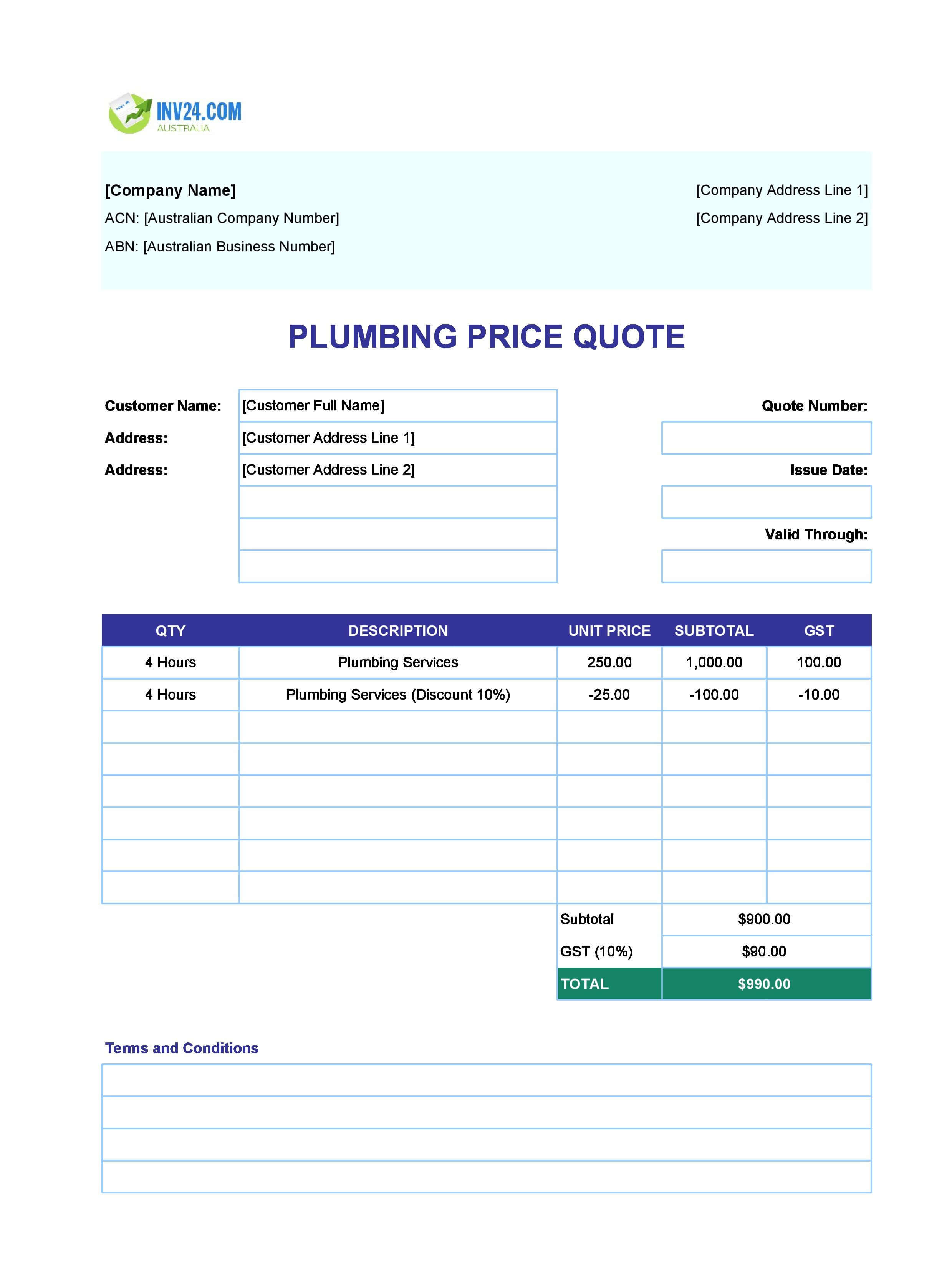 Plumbing Quote Template for Australia (Excel / Google Sheets)