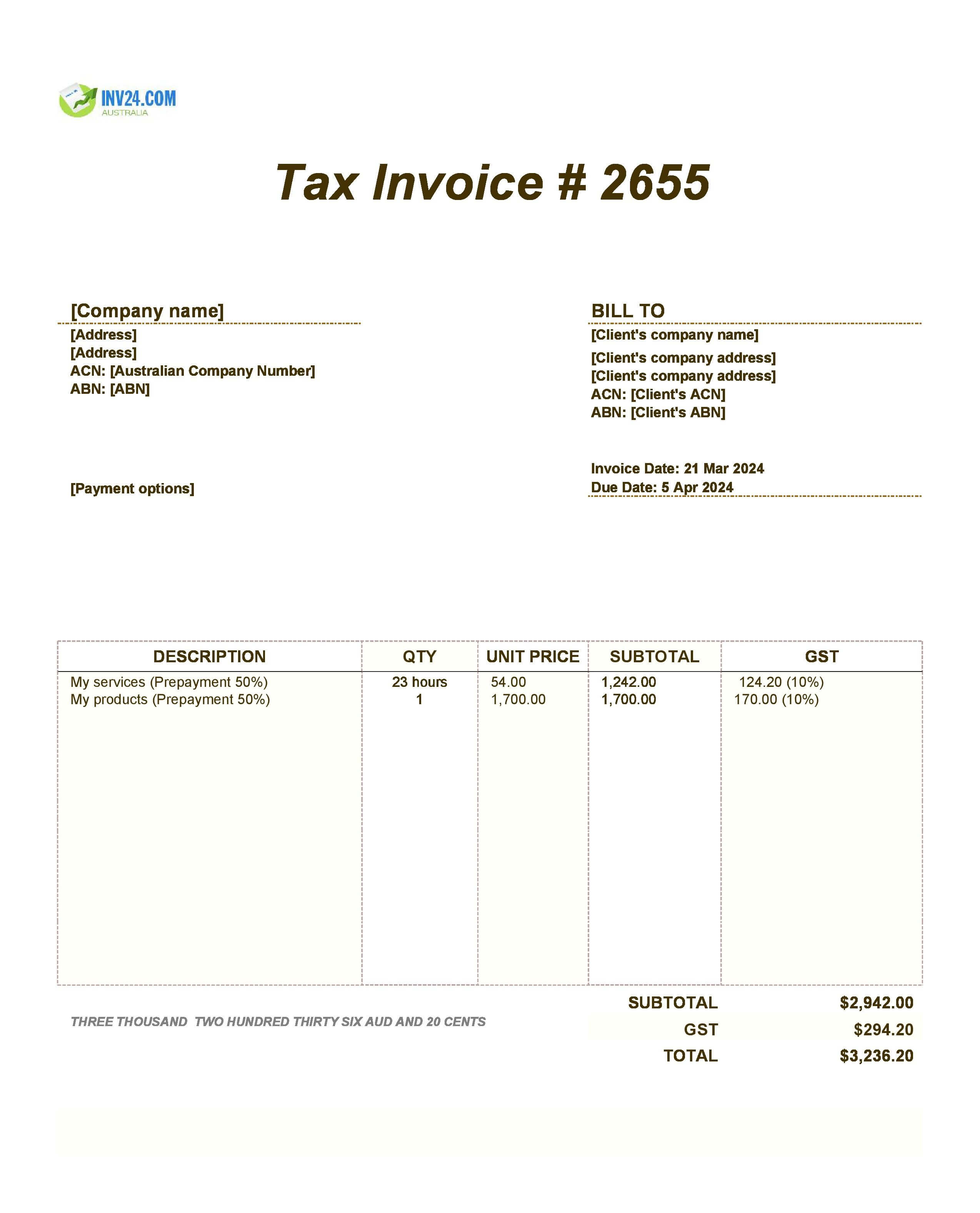 prepayment invoice example