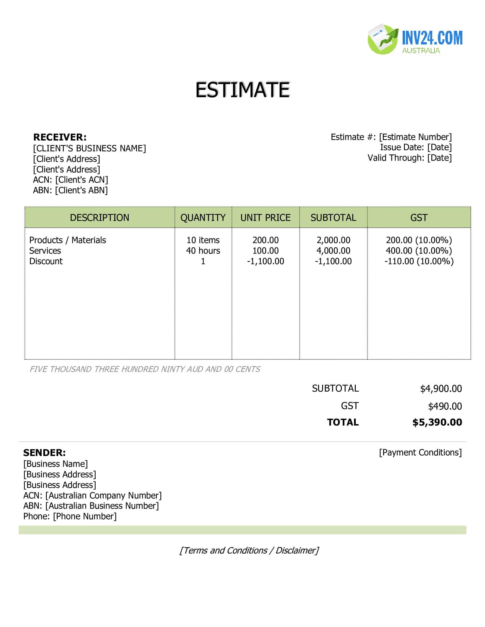 Price Estimate Template for Australia (Word / Google Docs)