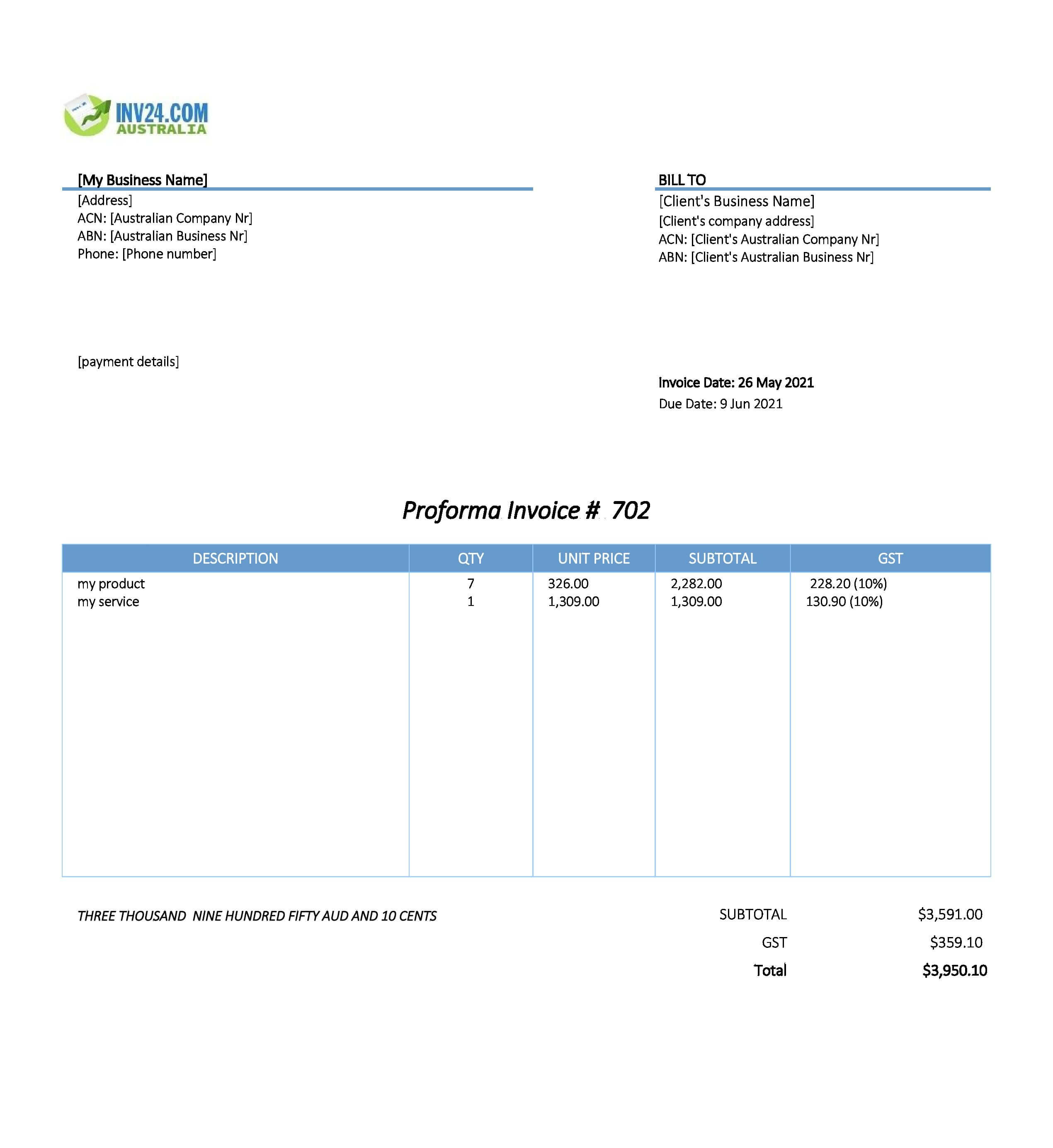 proforma invoice template australia