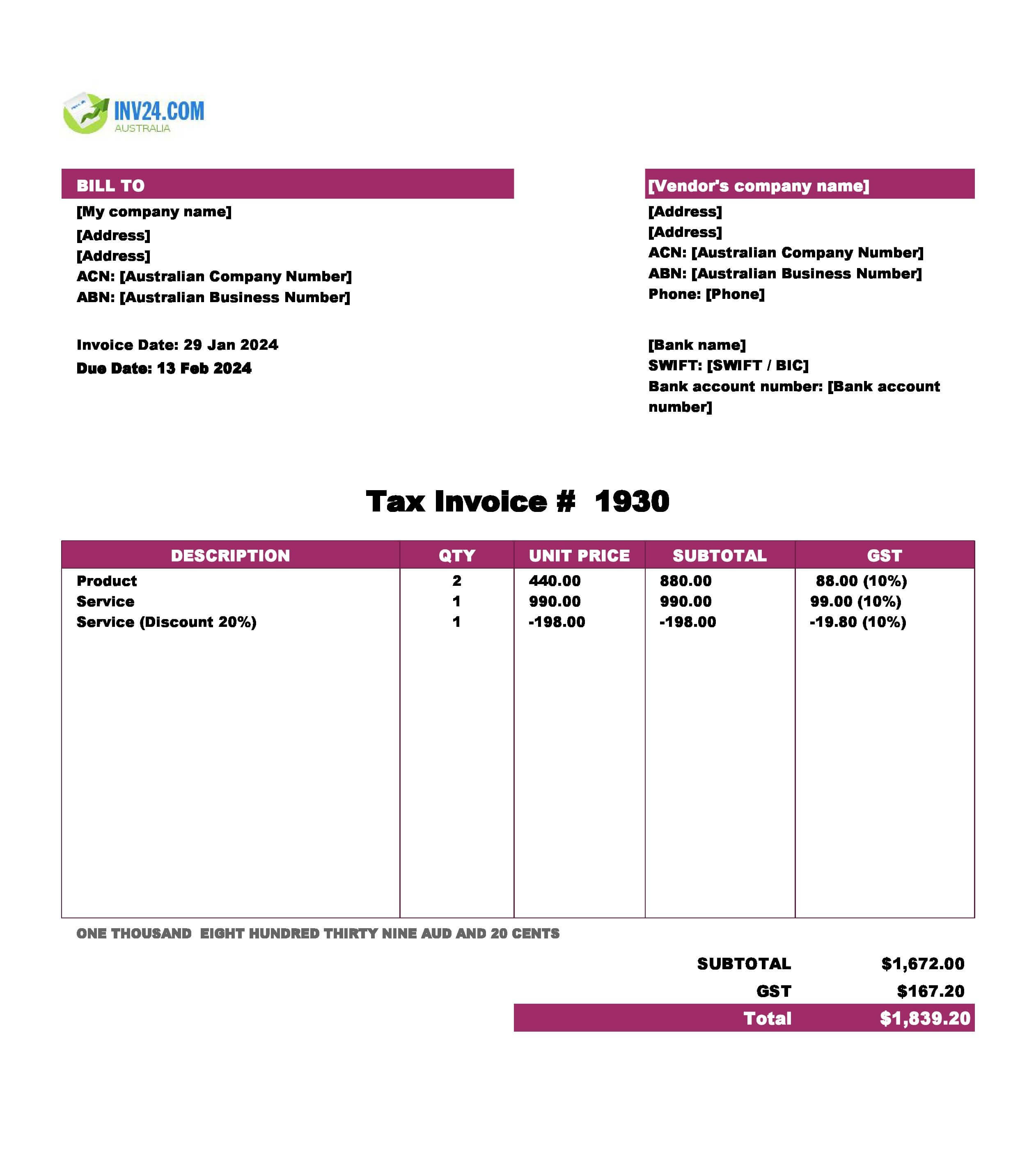 purchase invoice template Australia