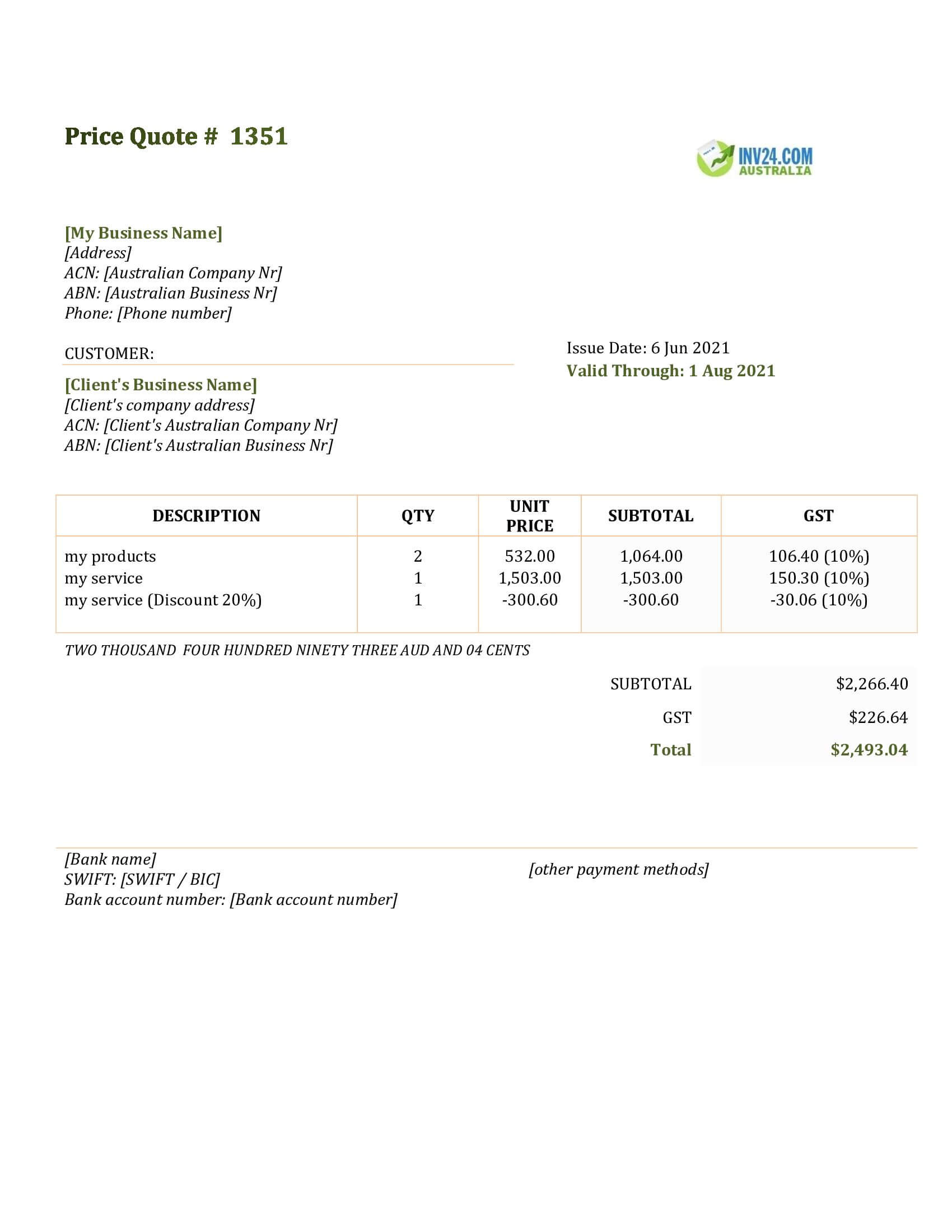 Quotation Format Australia (Word / Google Docs)