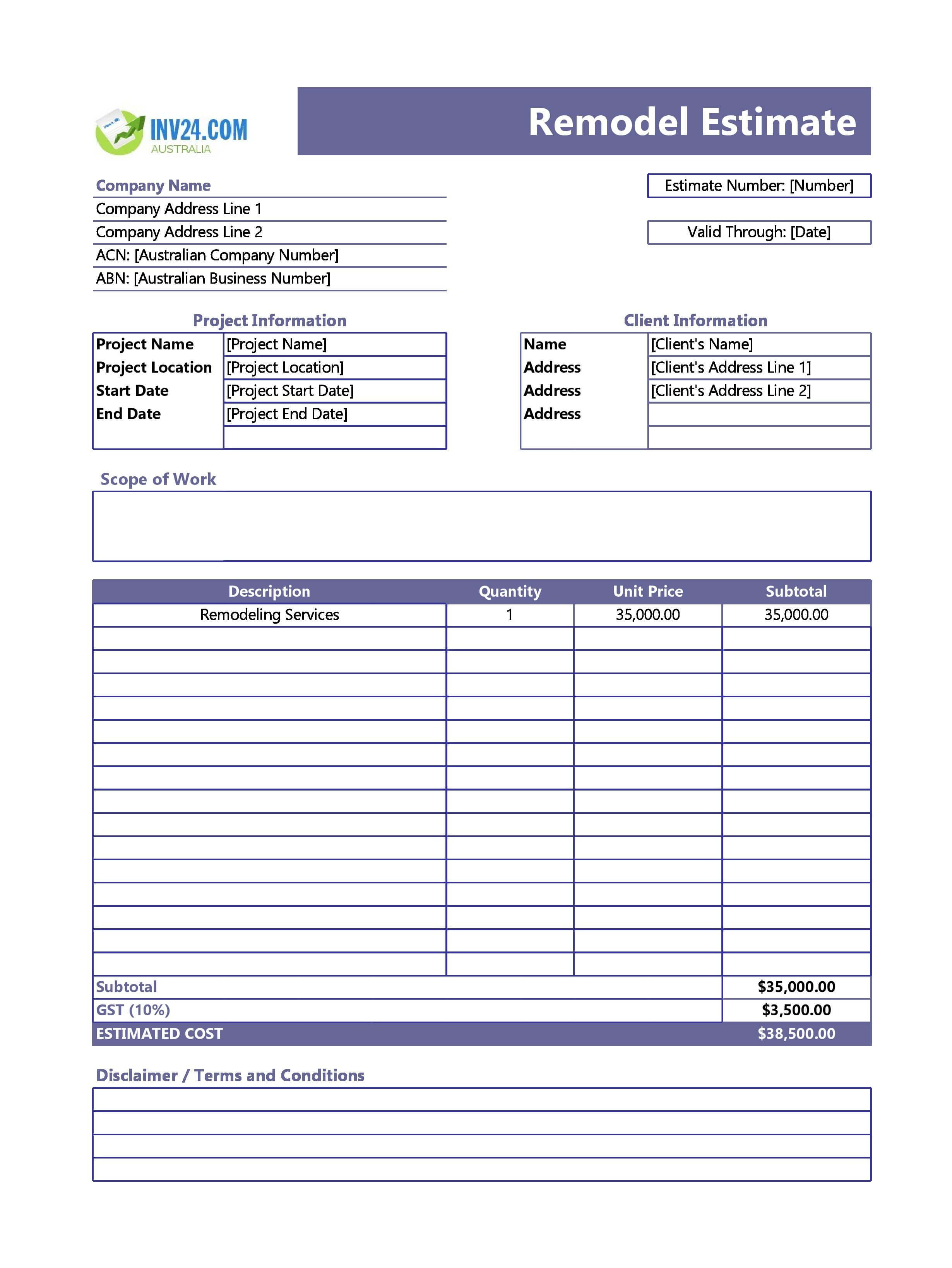 Remodel Estimate Template for Australia (Excel / Google Sheets)