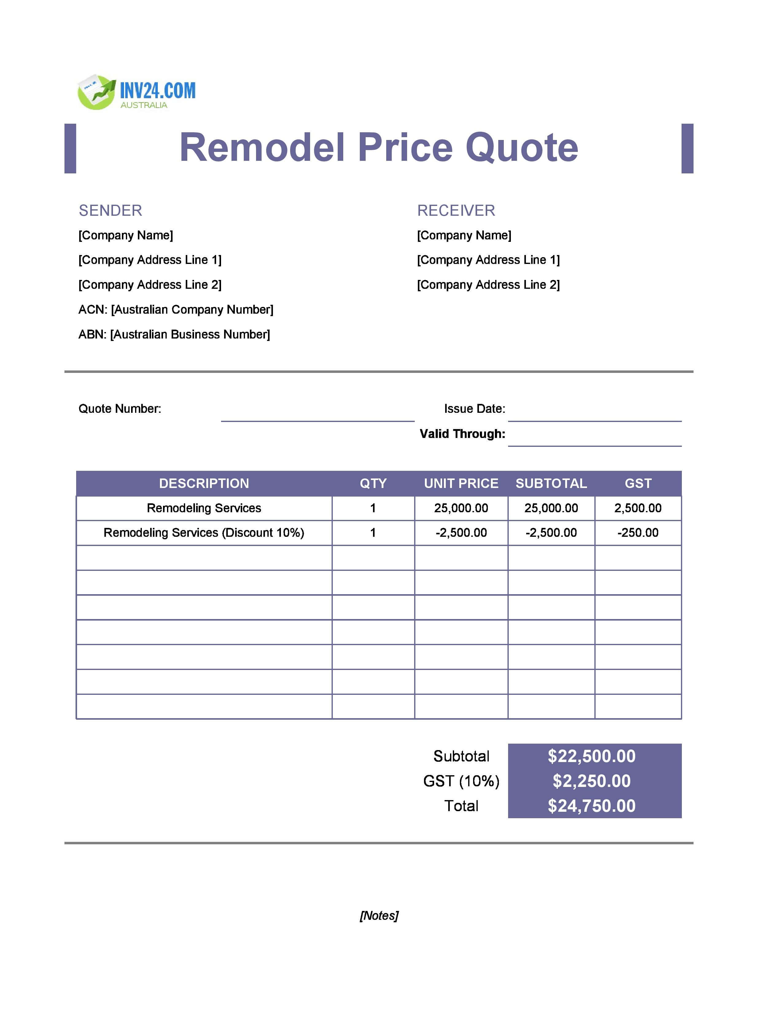 Remodeling Quote Template for Australia (Excel / Google Sheets)
