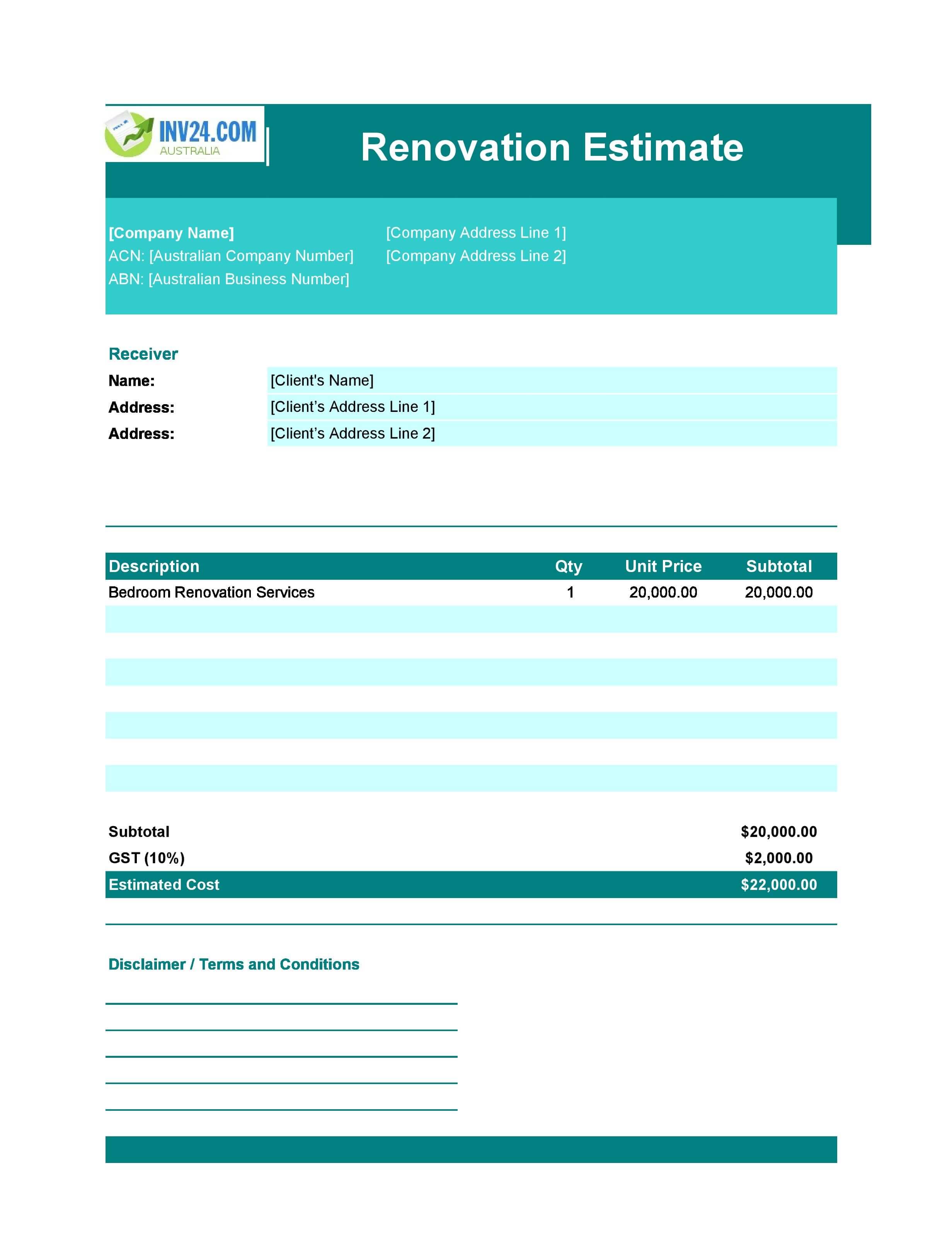 Renovation Estimate Template for Australia (Excel / Google Sheets)