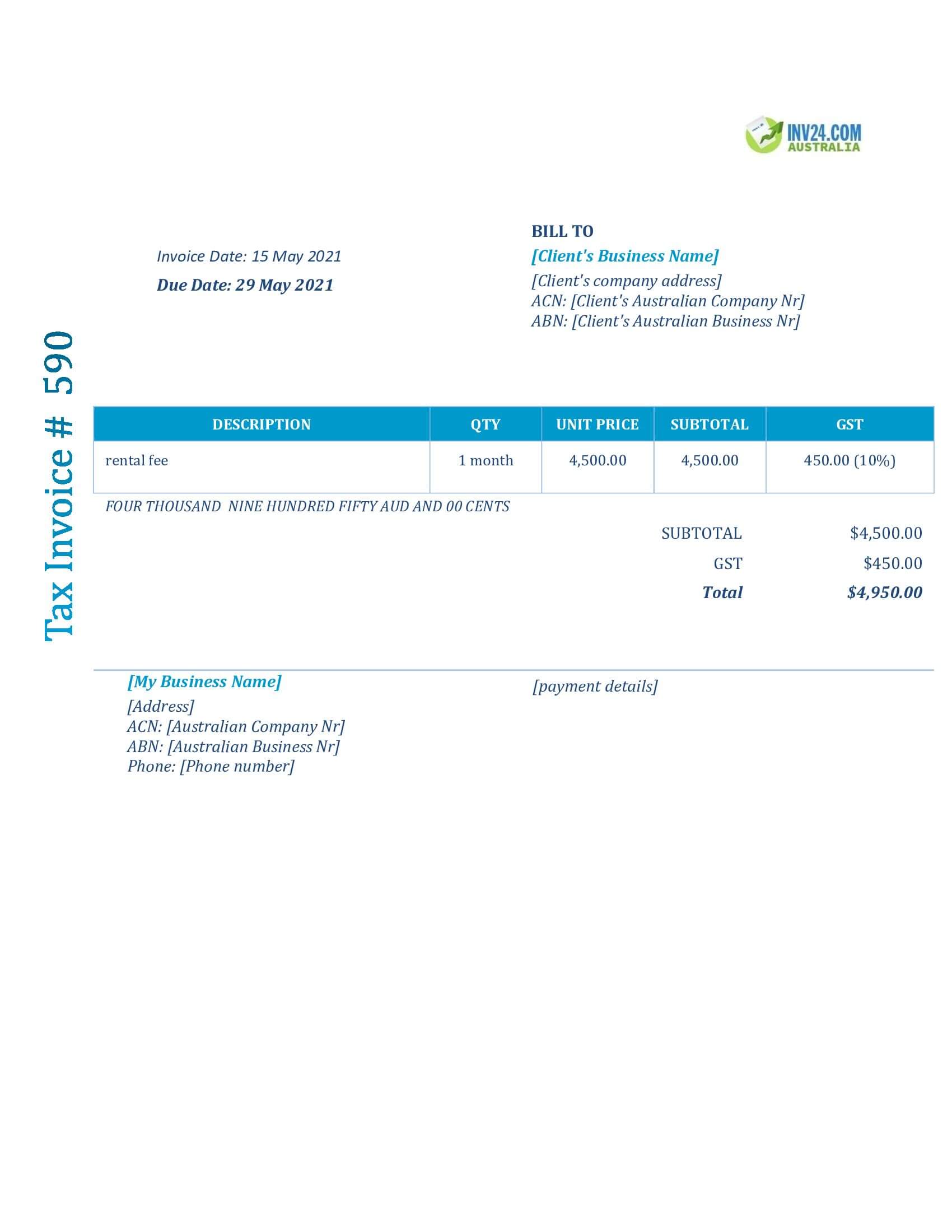 Rental Invoice Template Australia (Word / Google Docs)
