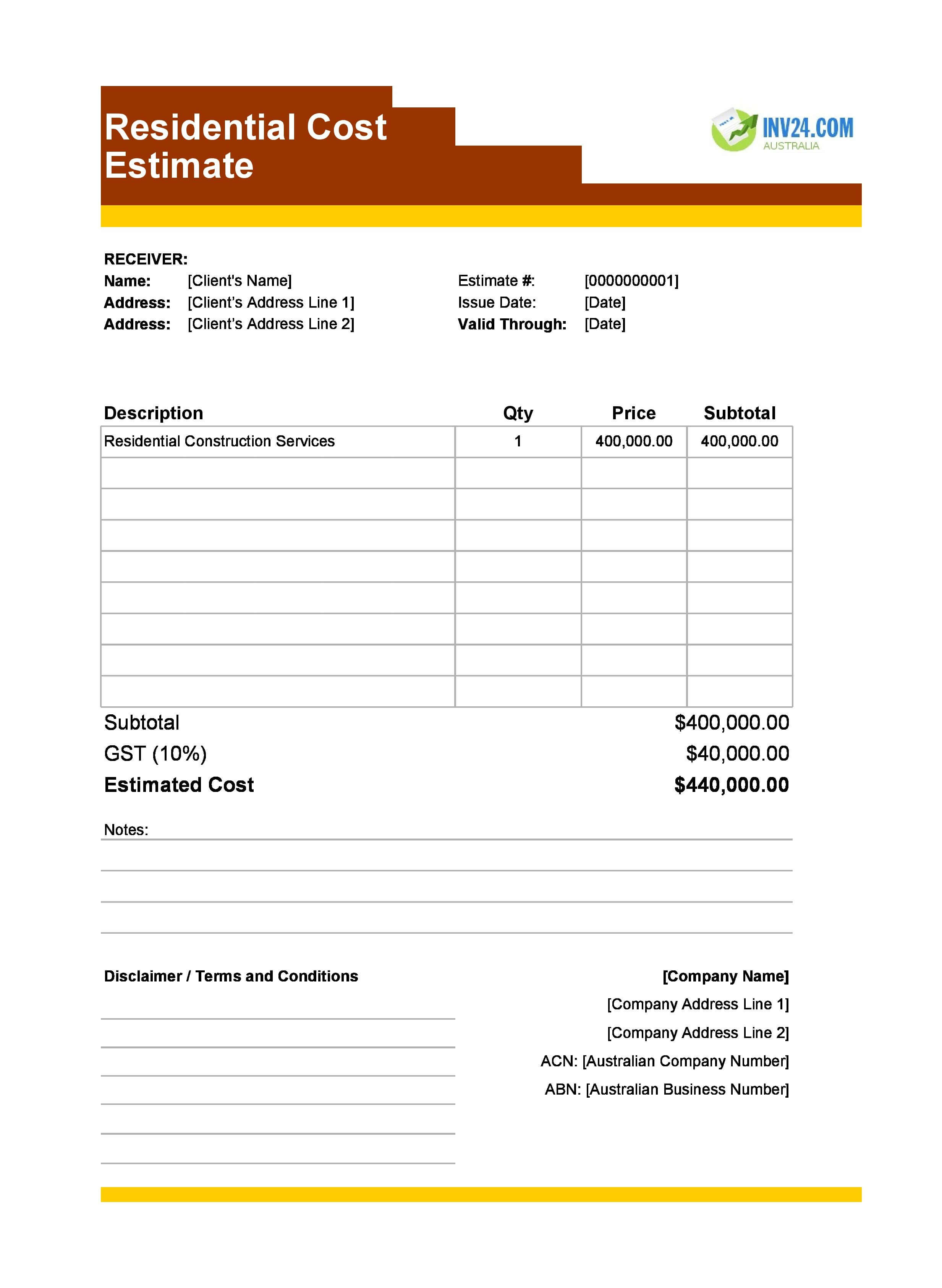 Residential Cost Estimate Template for Australia (Excel / Google Sheets)