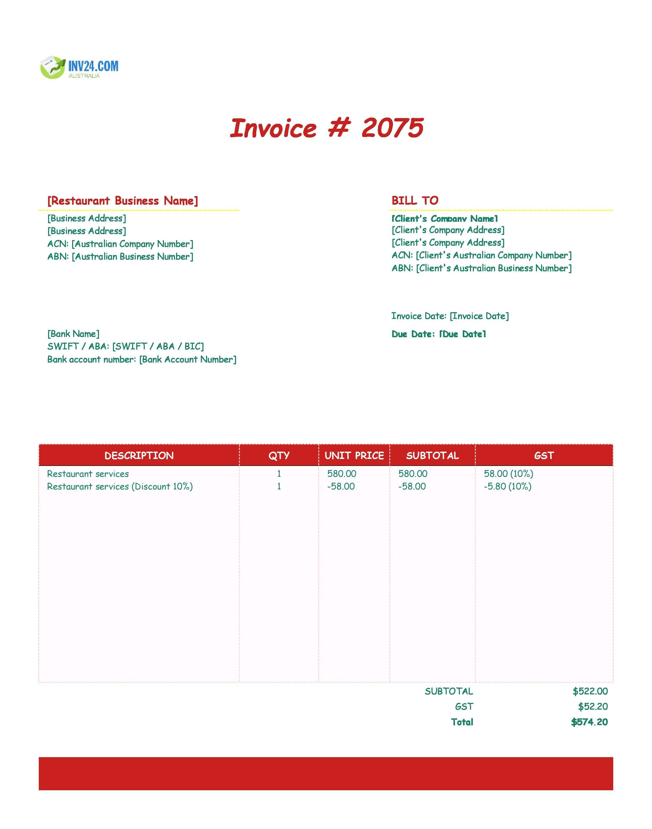 Restaurant Invoice Template for Australia (Excel / Google Sheets)