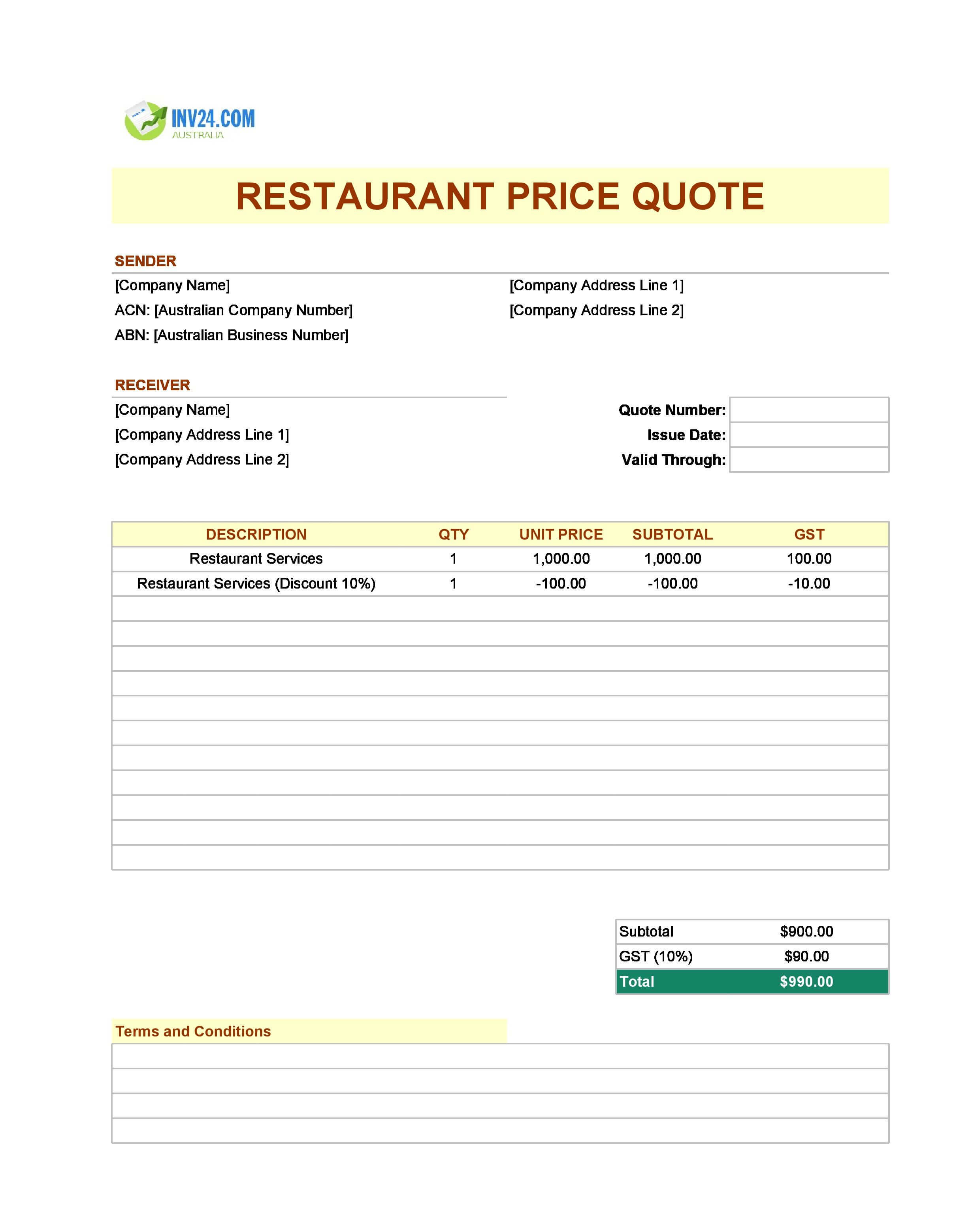 Restaurant Quote Template for Australia (Excel / Google Sheets)