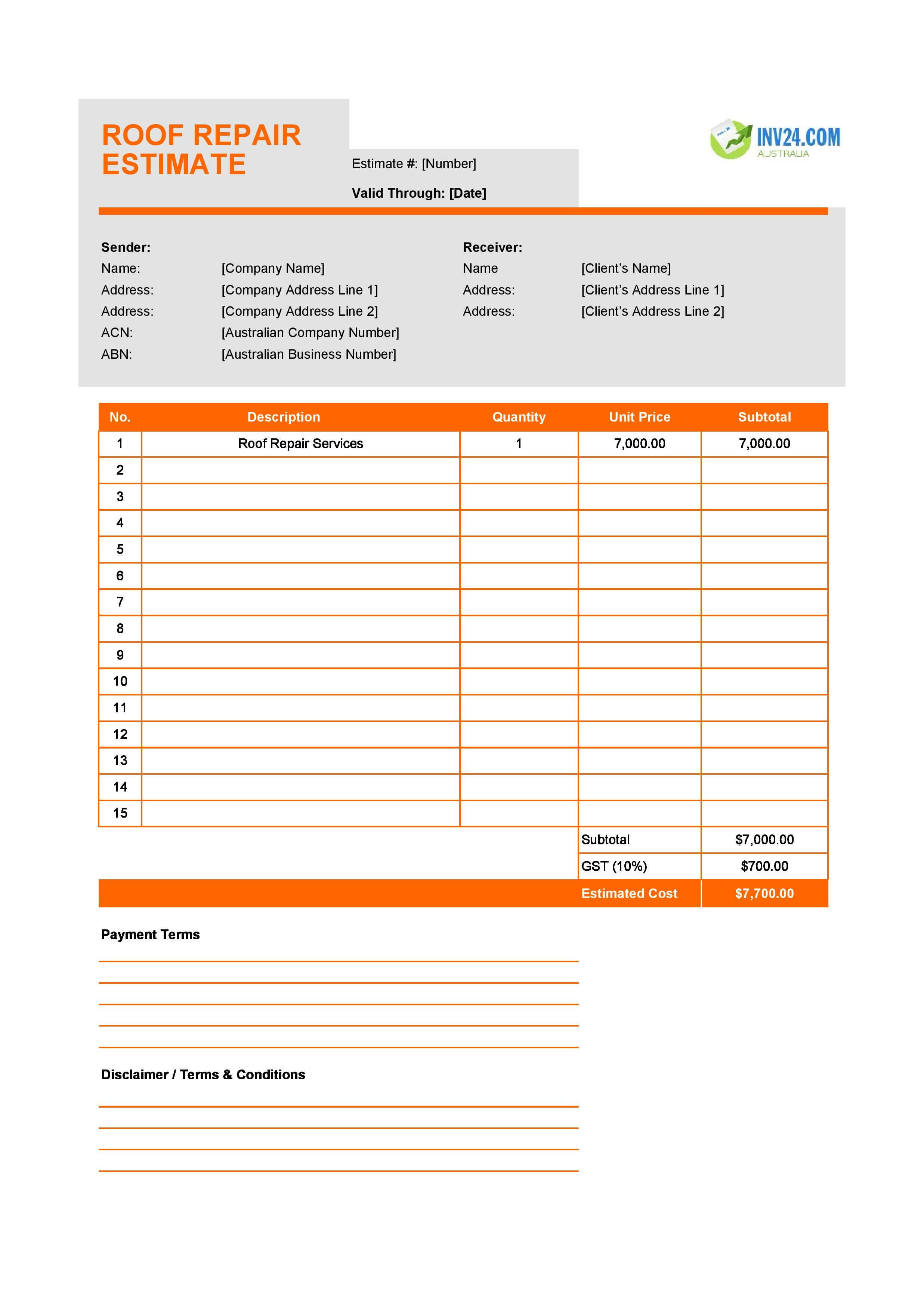 Roof Repair Estimate Template for Australia (Excel / Google Sheets)