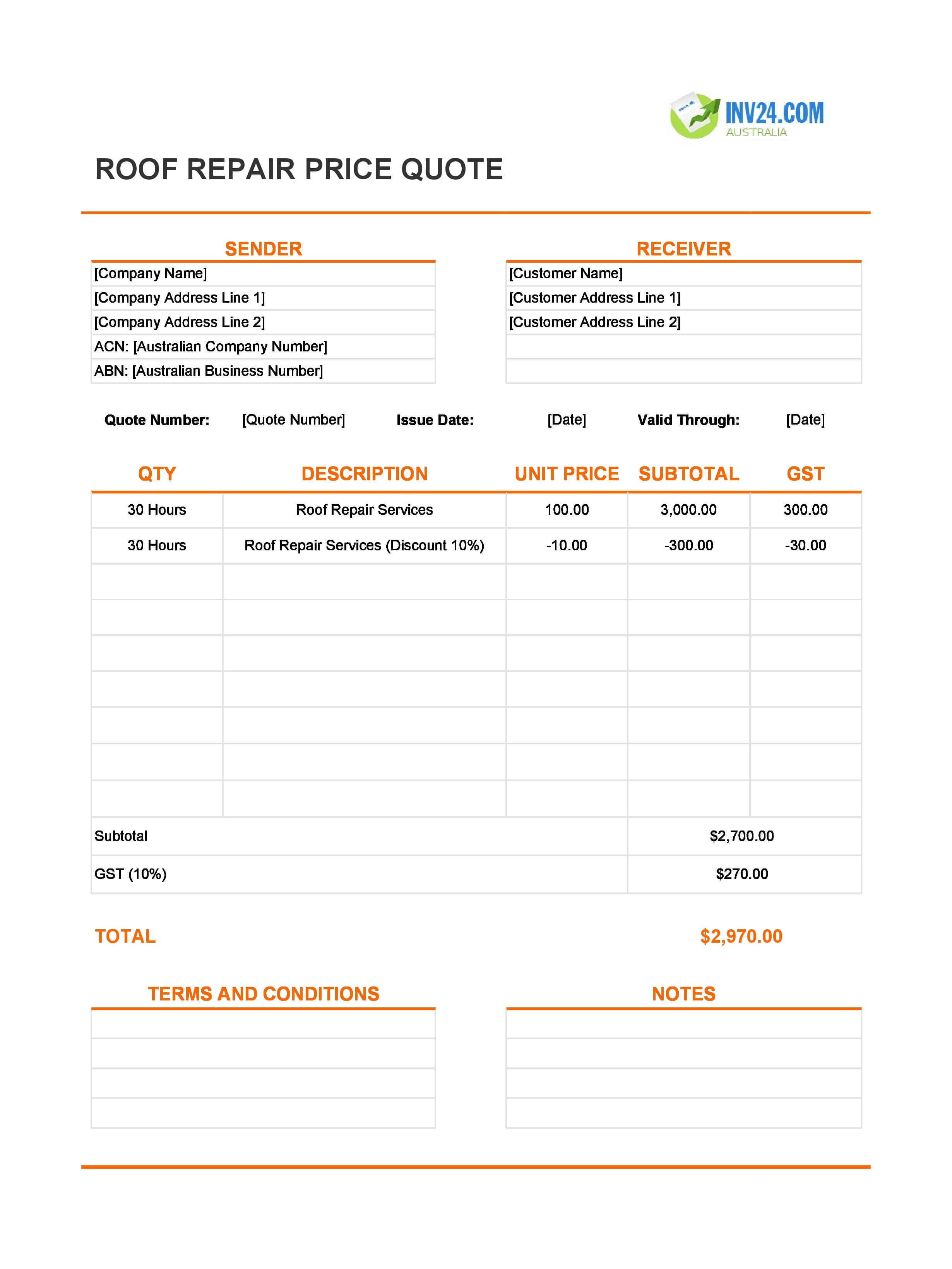 Roof Repair Quote Template for Australia (Excel / Google Sheets)
