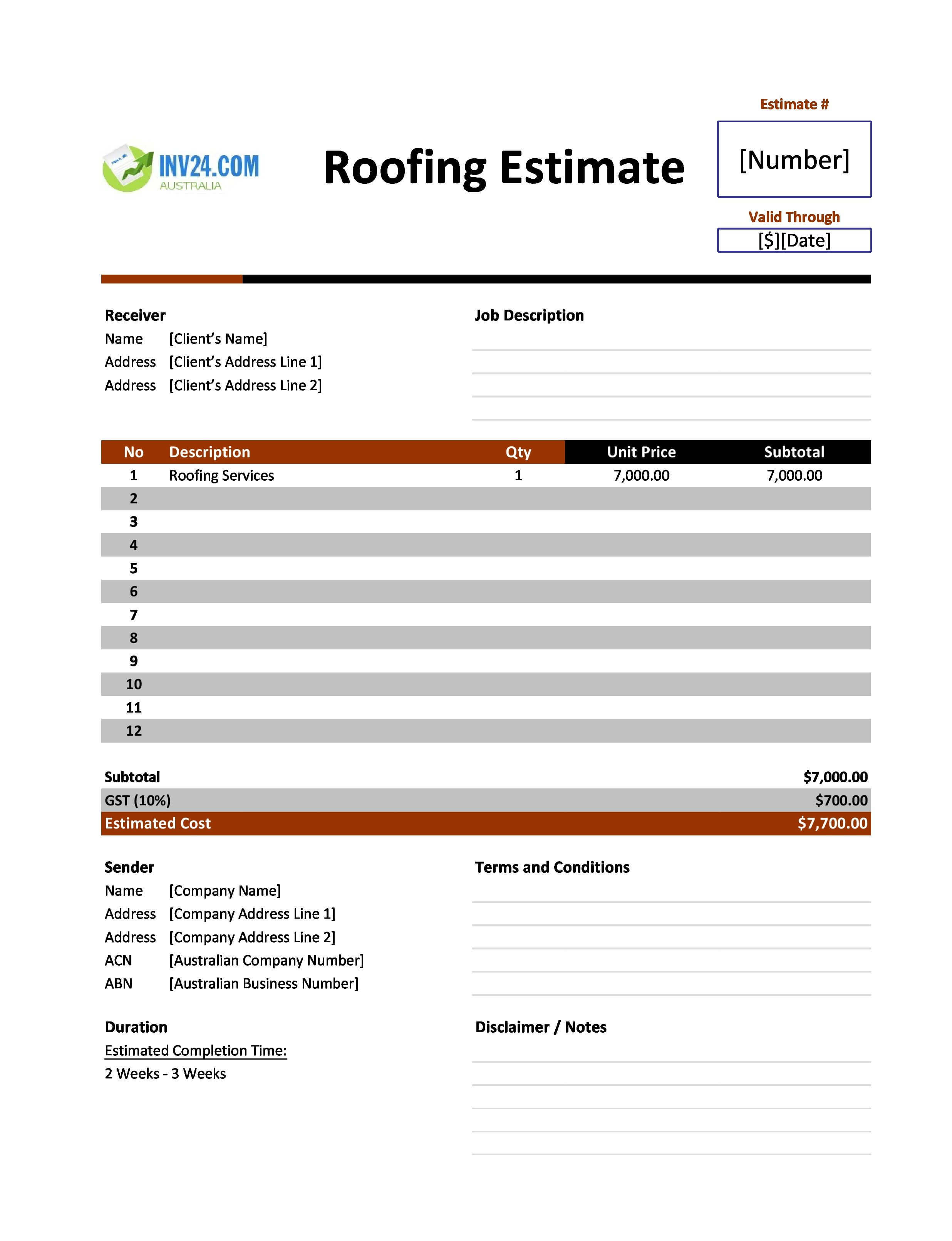 Roofing Estimate Template for Australia (Excel / Google Sheets)