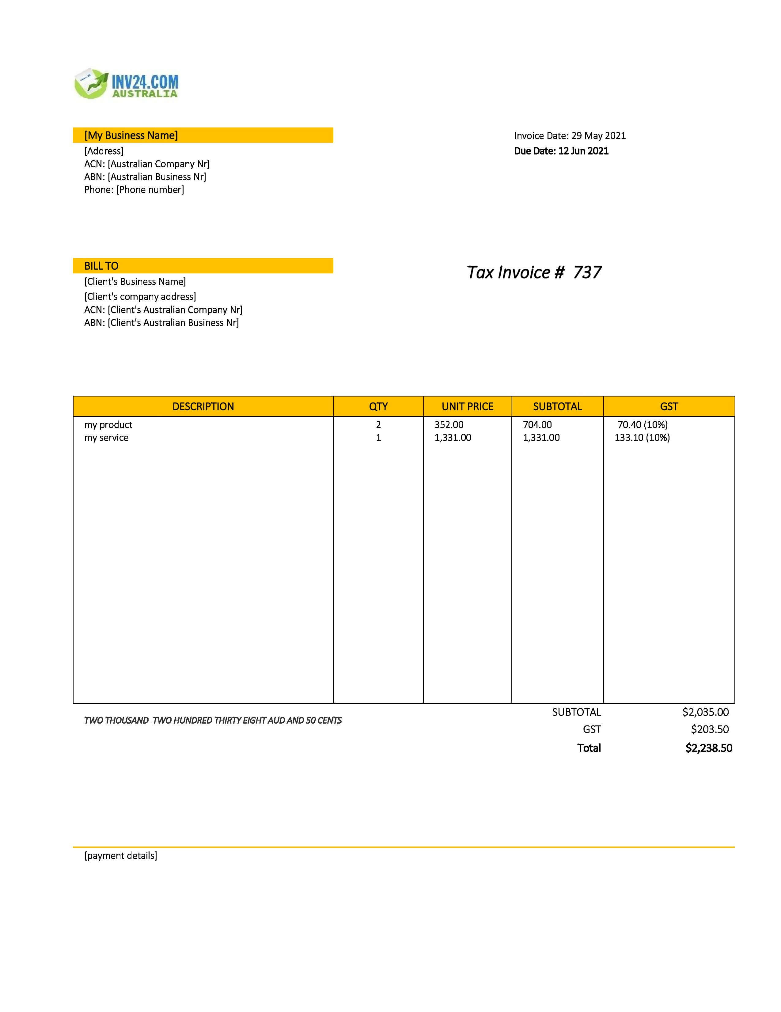 sales invoice template australia