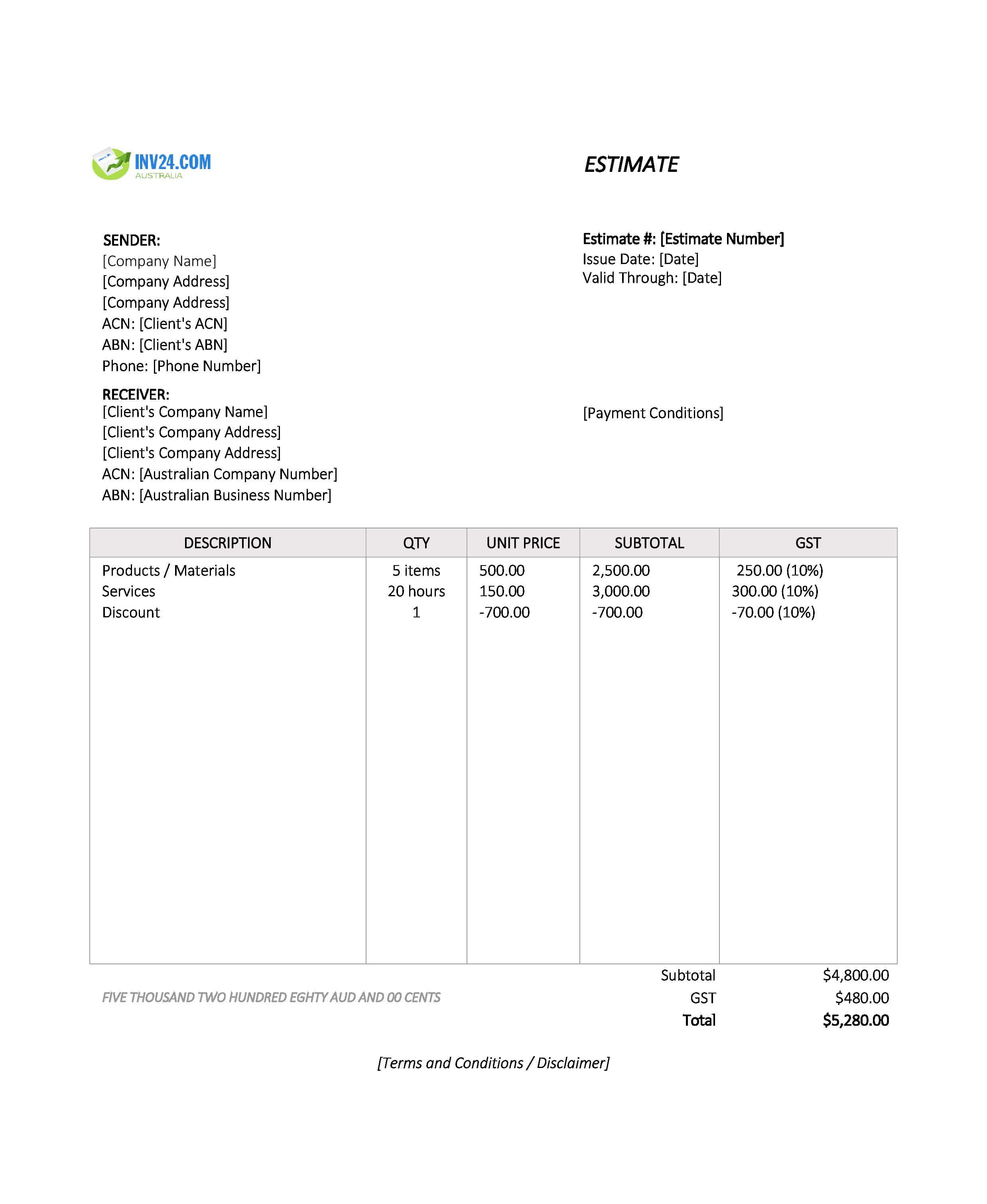 Sample Estimate Template for Australia (Excel / Google Sheets)