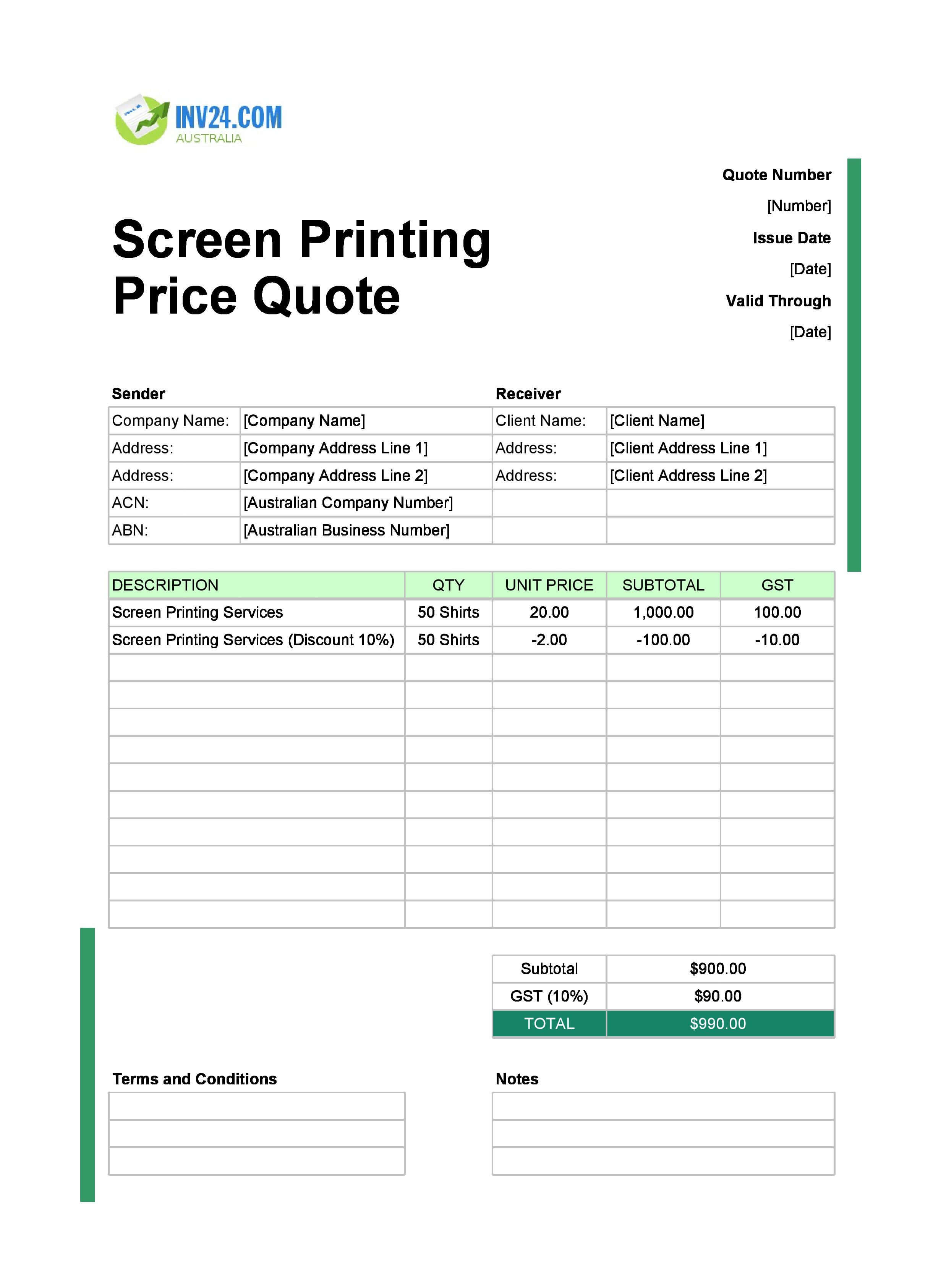Screen Printing Quote Template for Australia (Excel / Google Sheets)