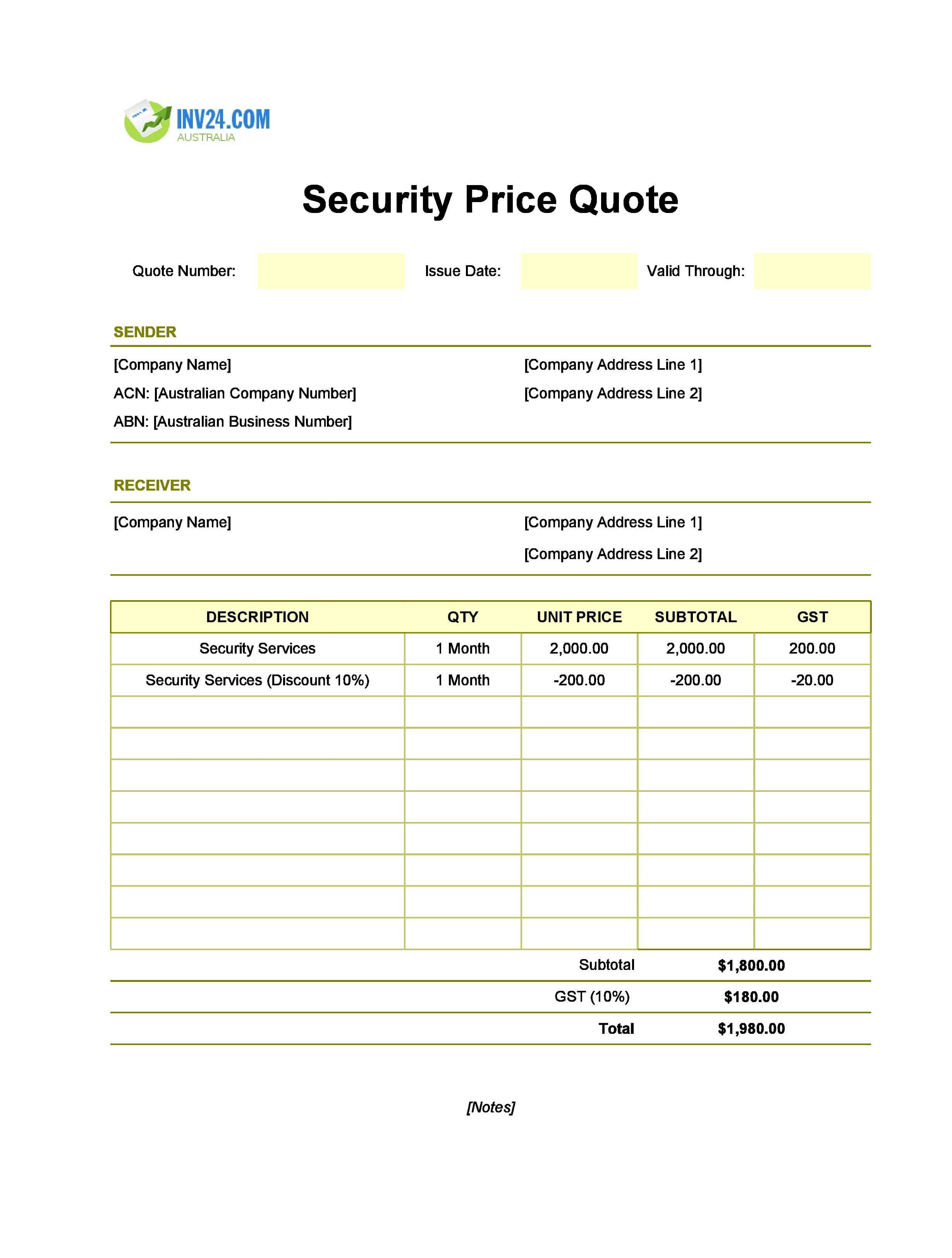 Security Quote Template for Australia (Excel / Google Sheets)