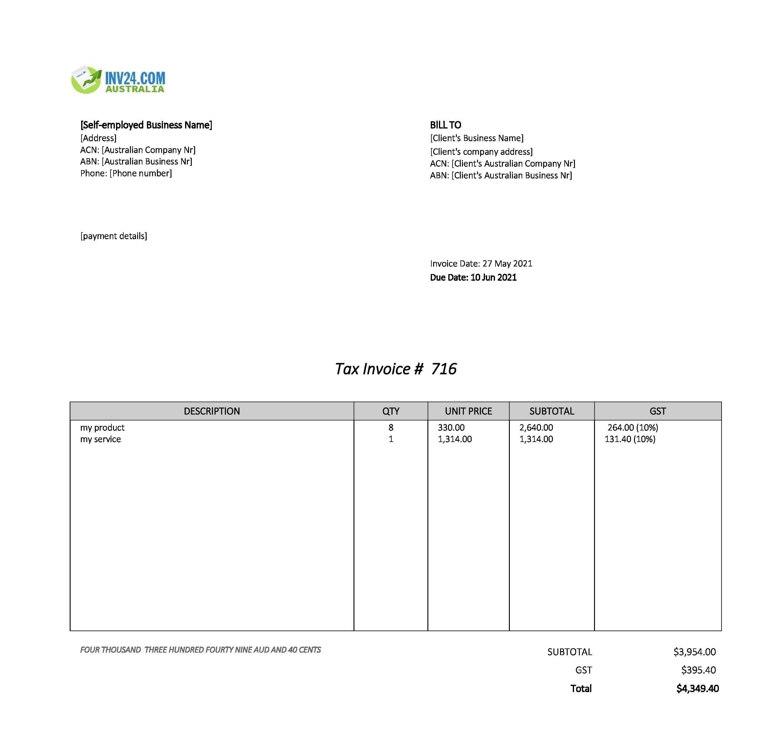 self employed invoice template australia