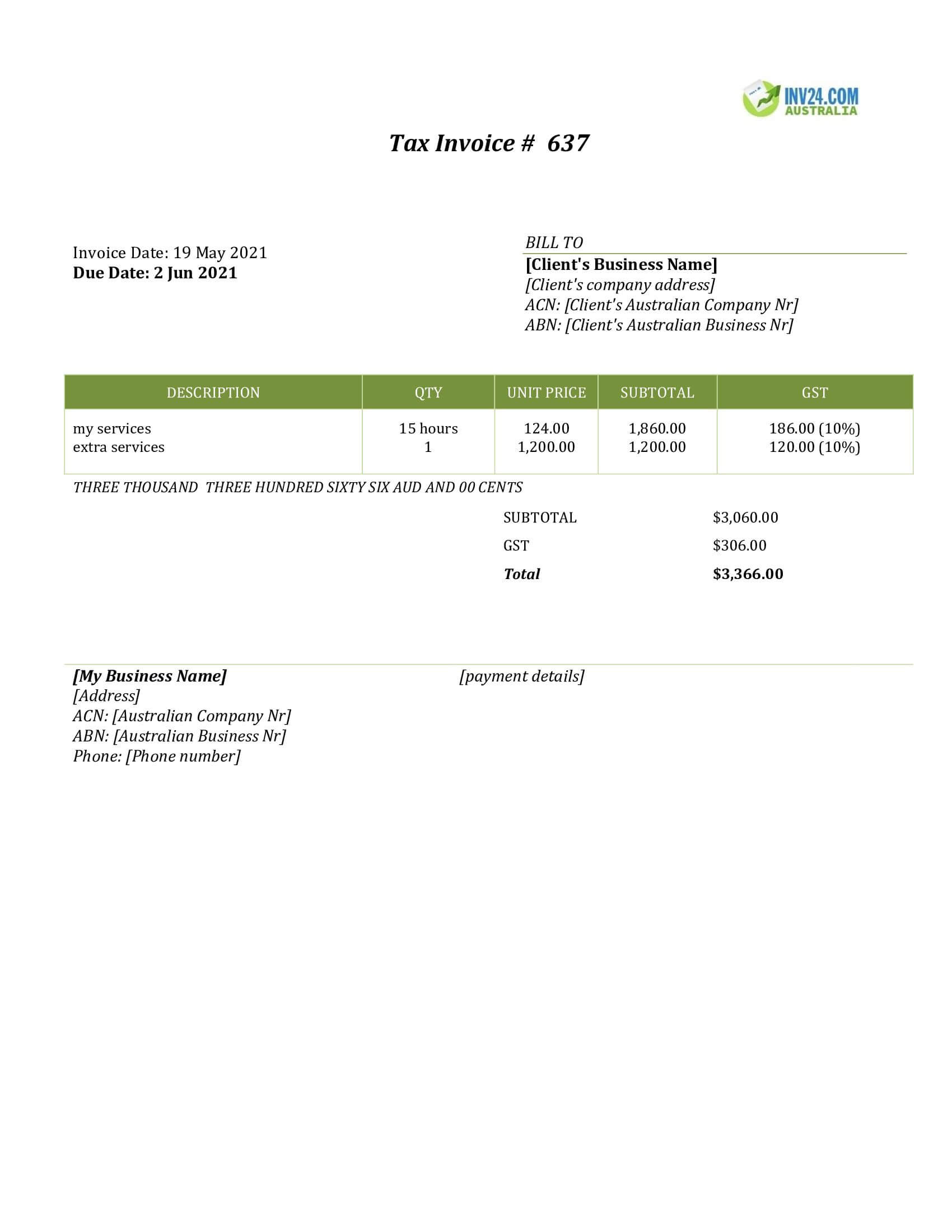 Service Invoice Example for Australia