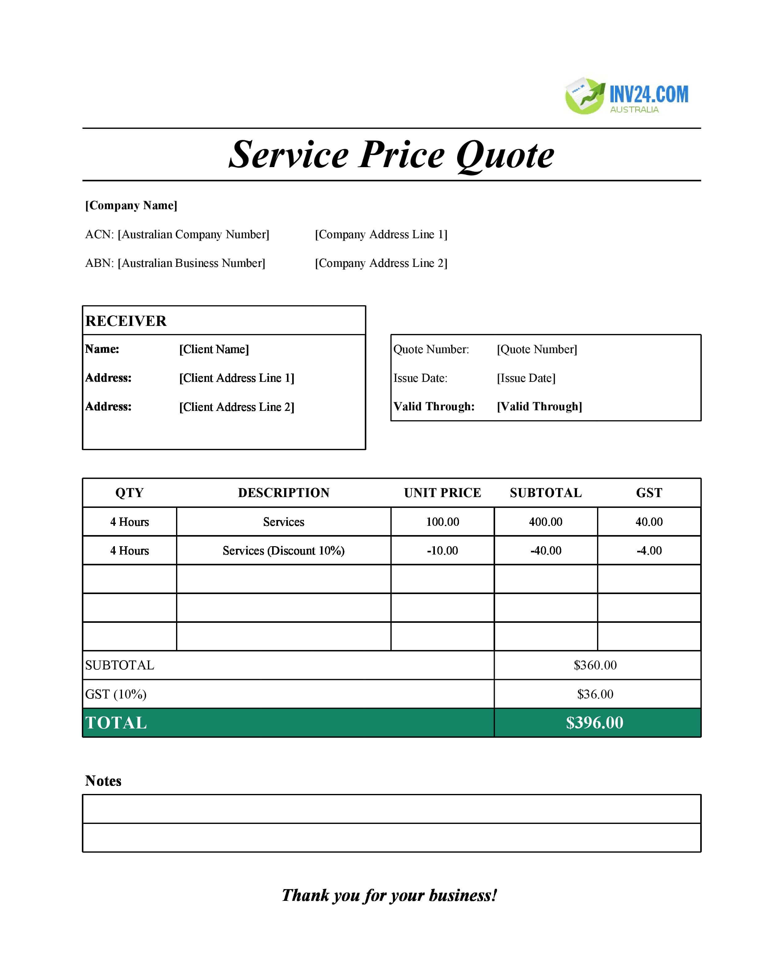 Service Quote Template Sheets for Australia (Excel / Google Sheets)