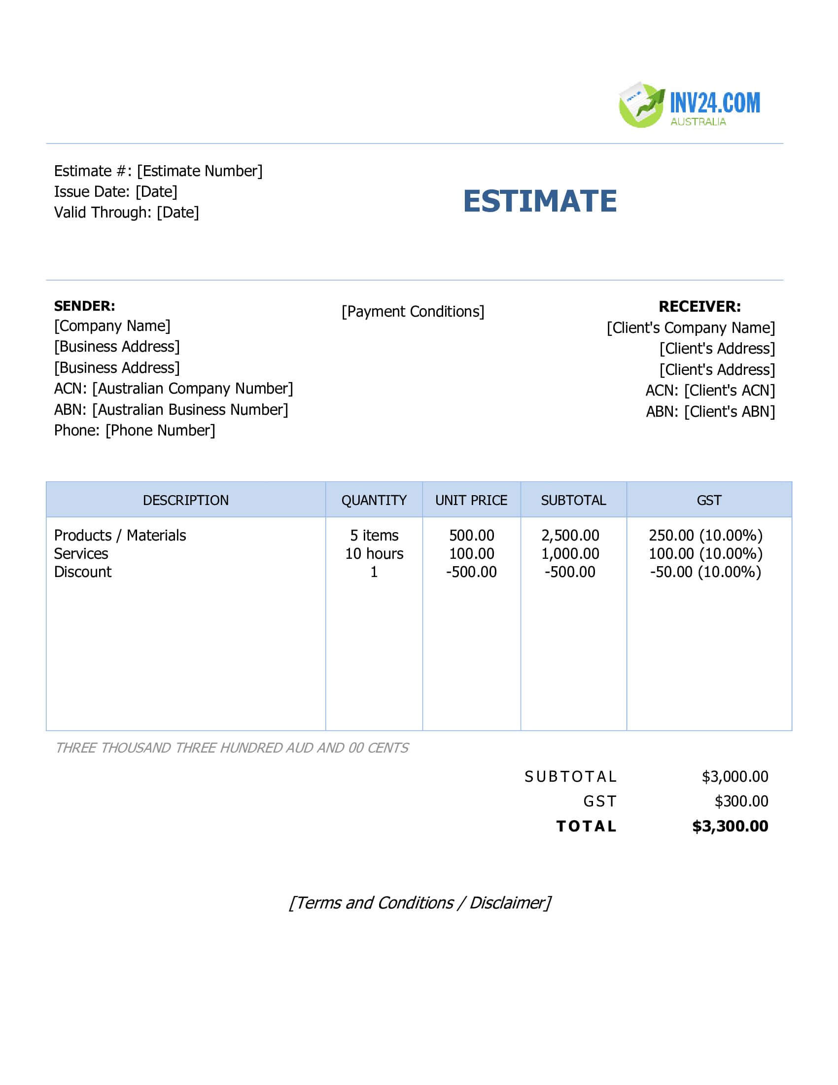 Simple Estimate Template for Australia (Word / Google Docs)