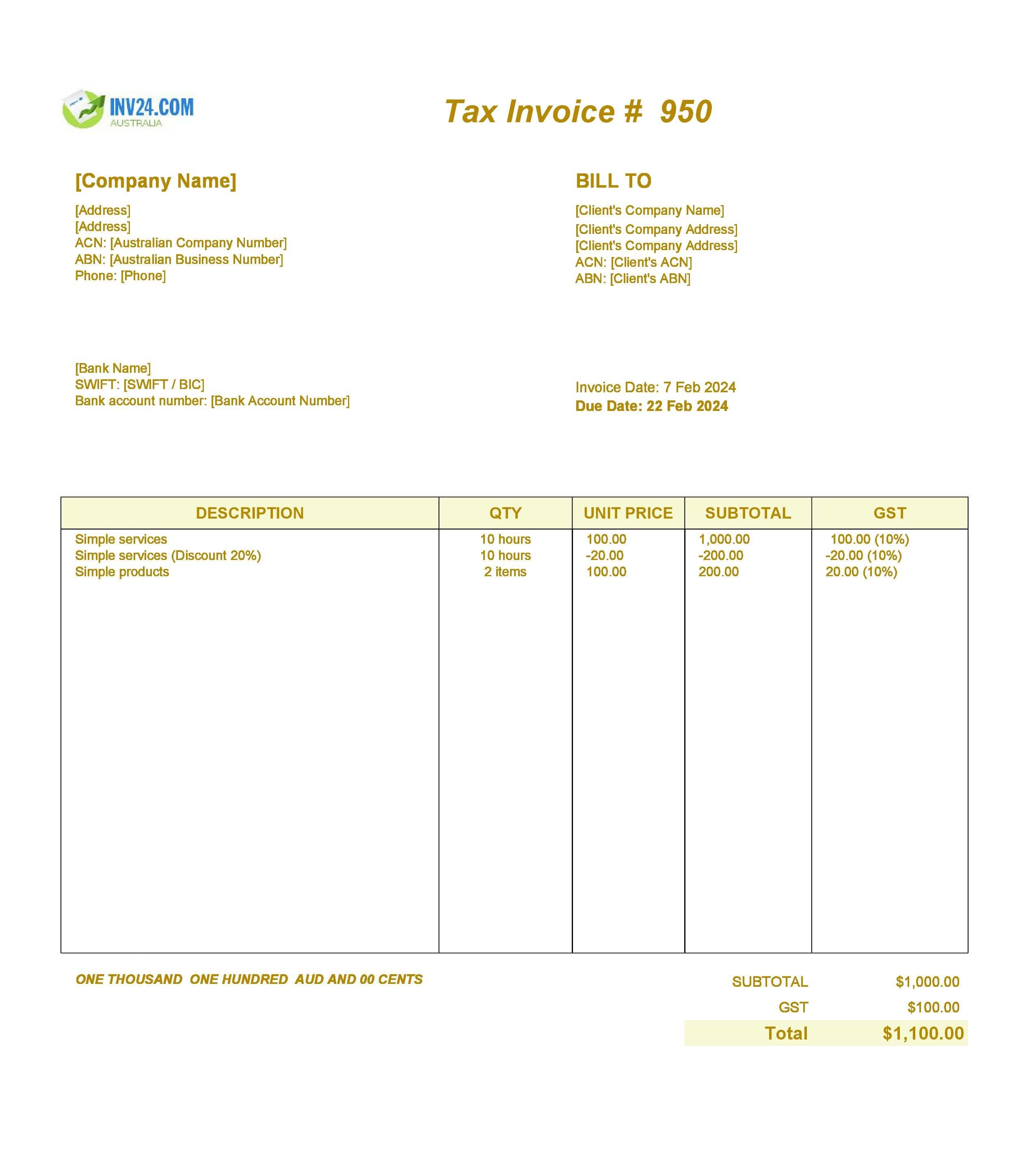 simple tax invoice template Australia xls