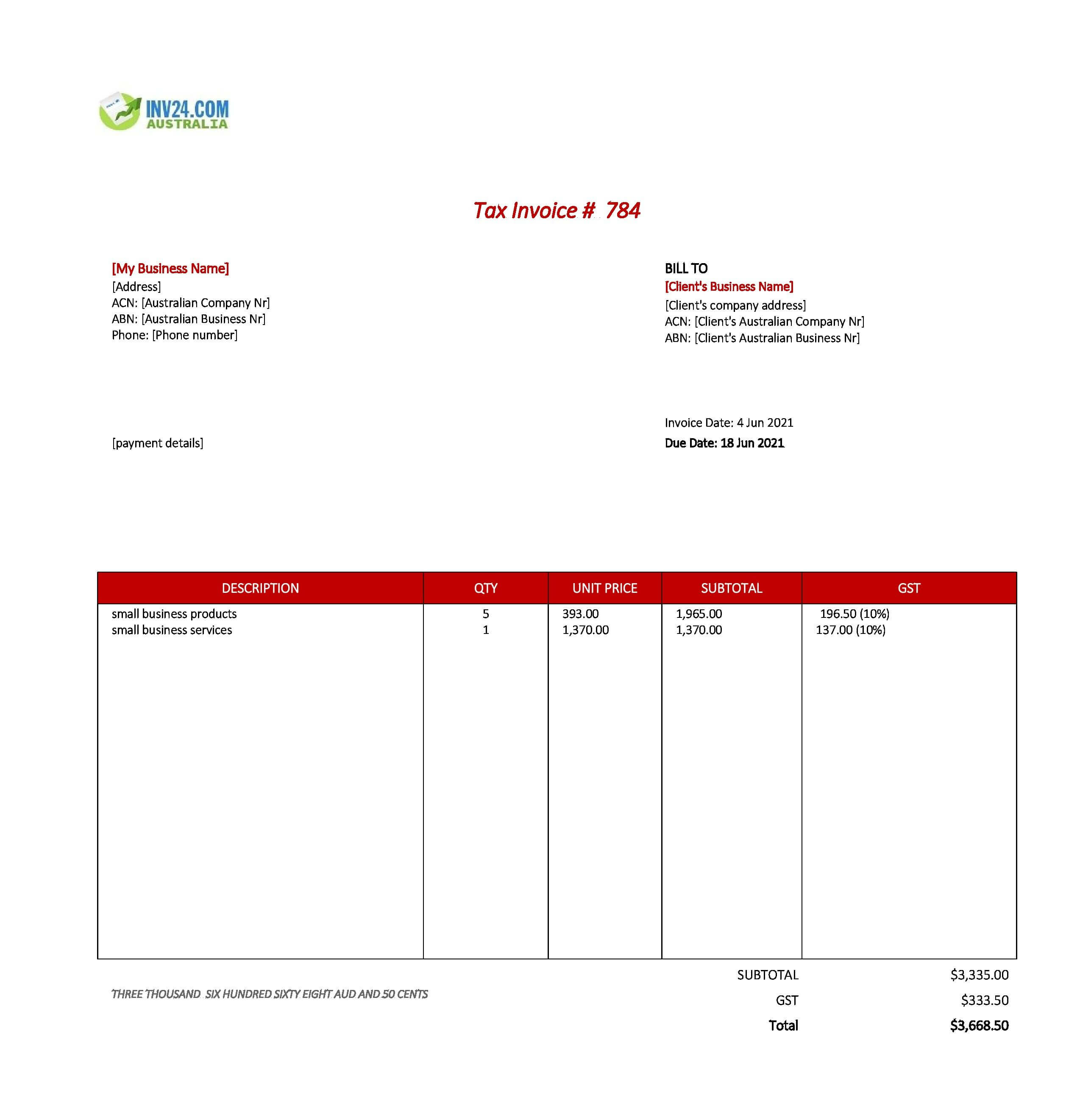 Small Business Invoice Template Australia (Excel / Google Sheets)